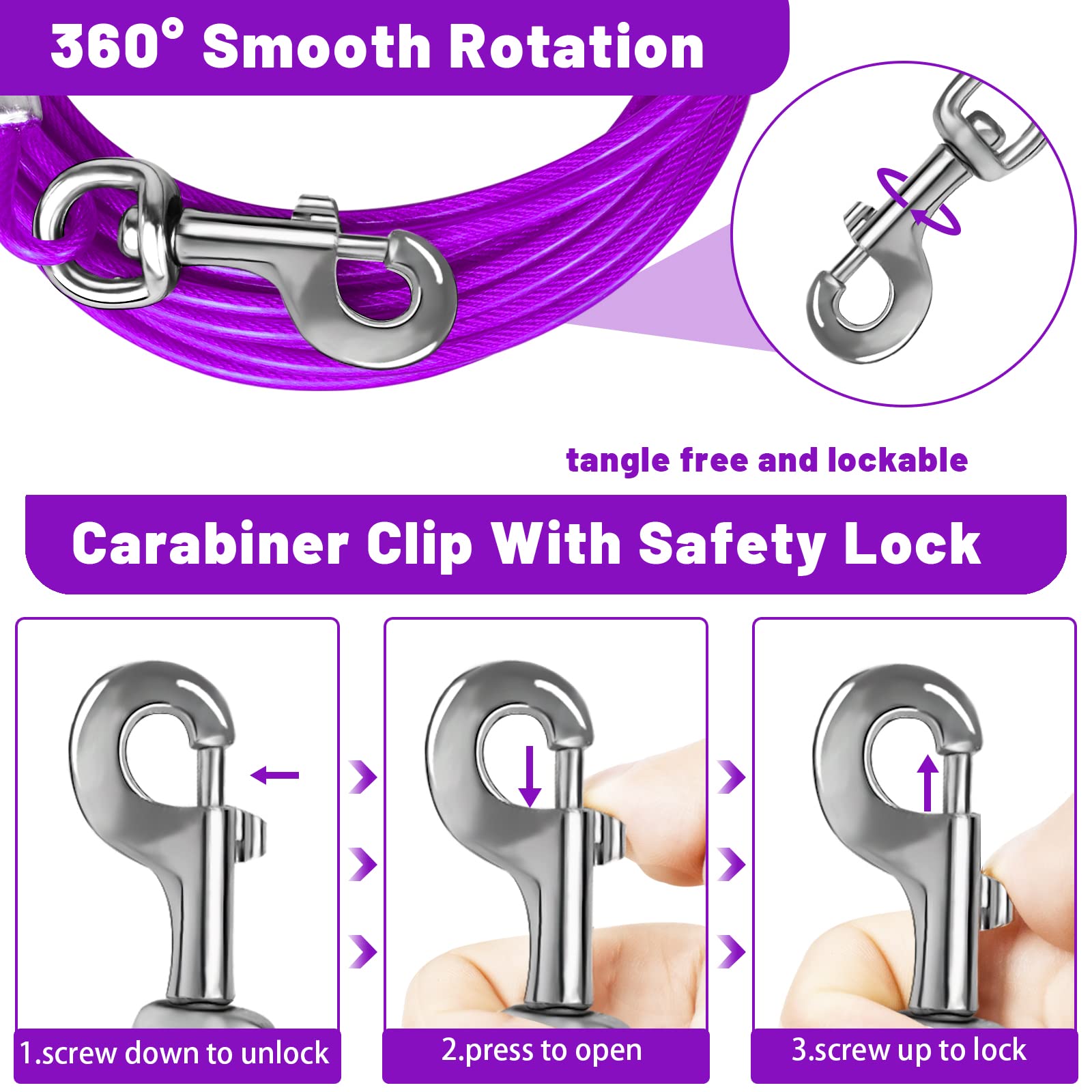 HaiYUAN Dog Tie Out Cable 10/15/20/25/30 FT Runner for Yard Steel Wire Cable with Durable Superior Clips Purple Chains for Outside Dog Lead for Large Up to 165 Lbs -Like New
