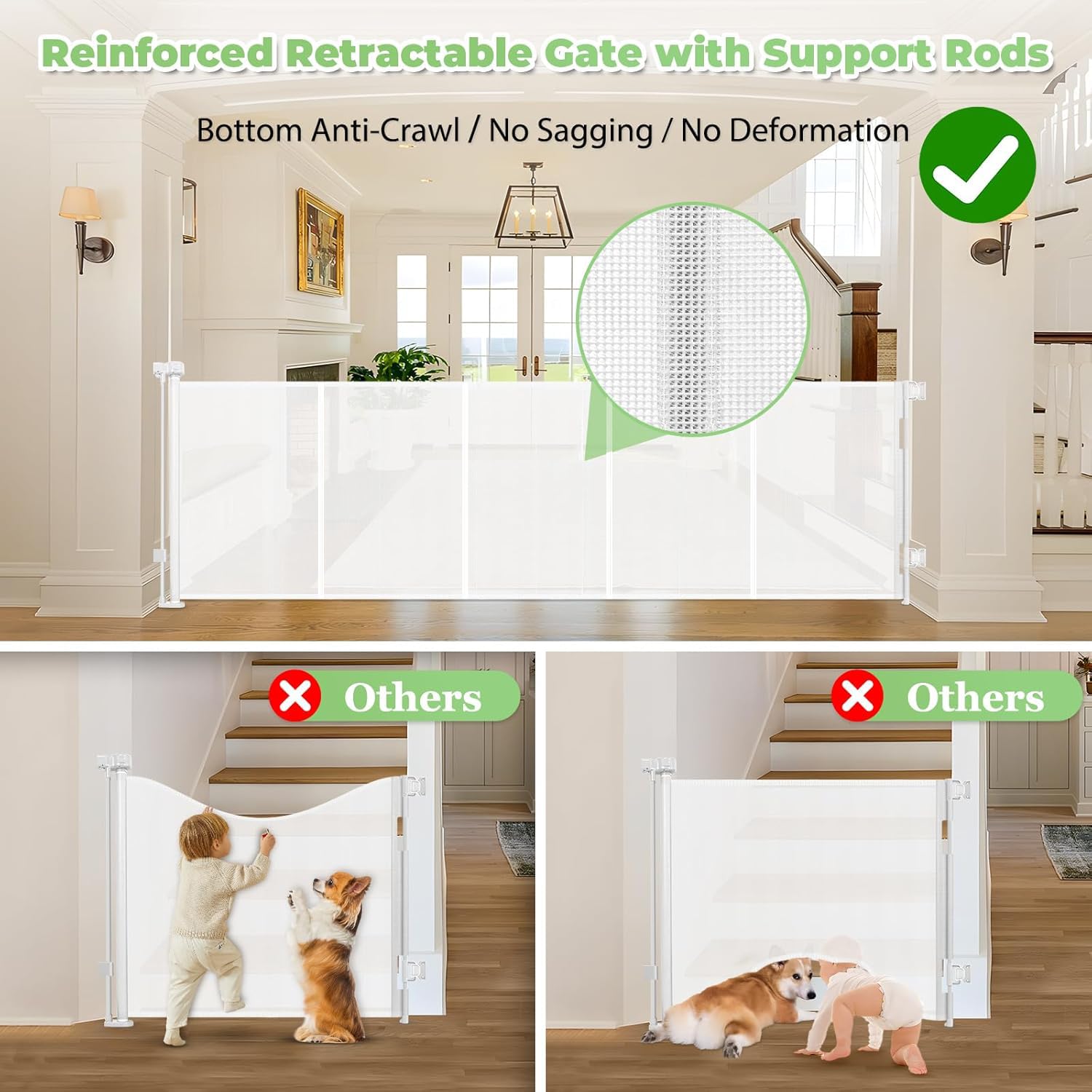 Stcockis 120 Inch Retractable Baby & Dog Gate - White, 33" Tall, Mesh Fabric, Indoor/Outdoor, Model XMF-B789231