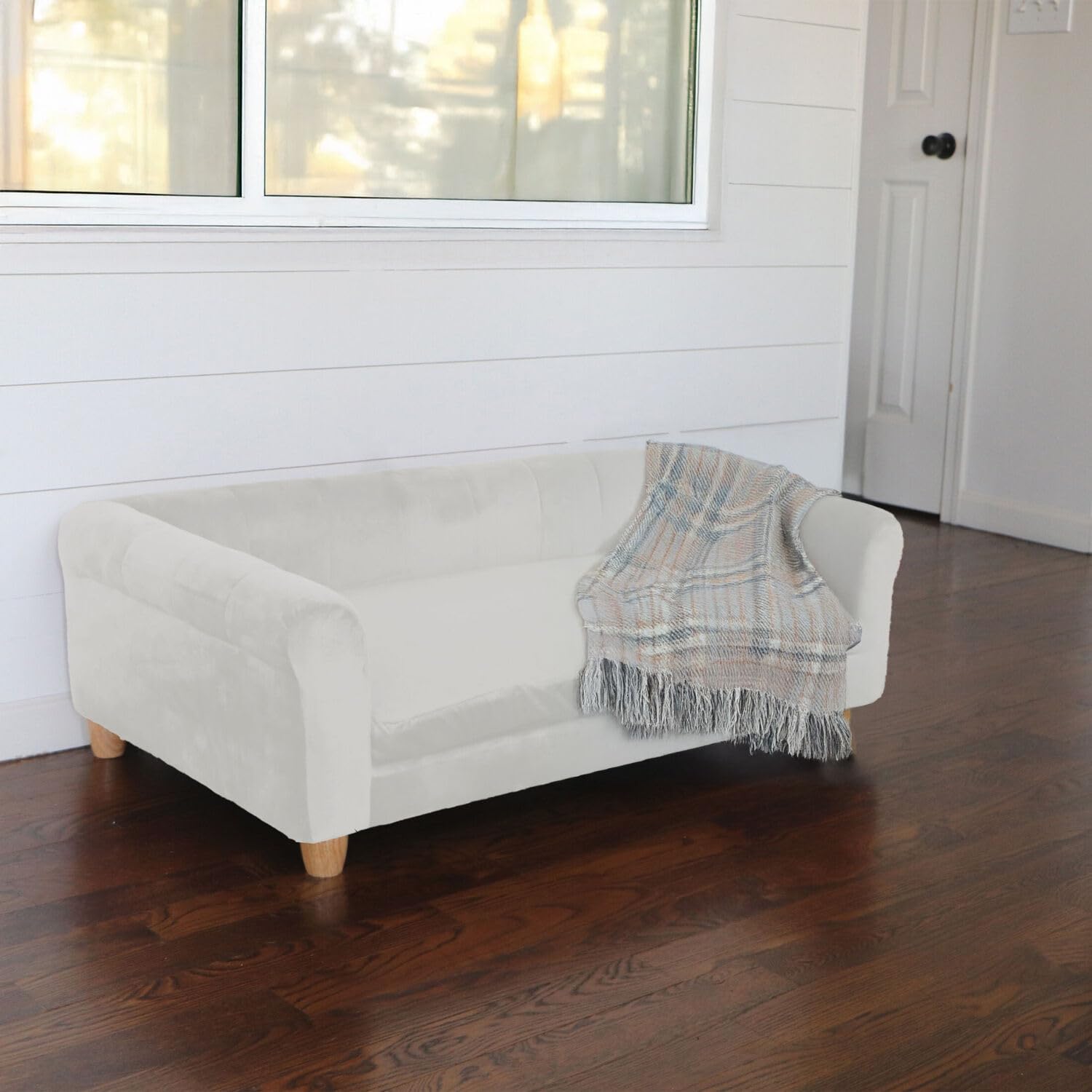 Critter Sitters 42-In. Elegant Cream Faux-Velvet Rectangular Dog Sofa For Medium And Large Dogs, Durable Elevated Dog Sofa Bed,