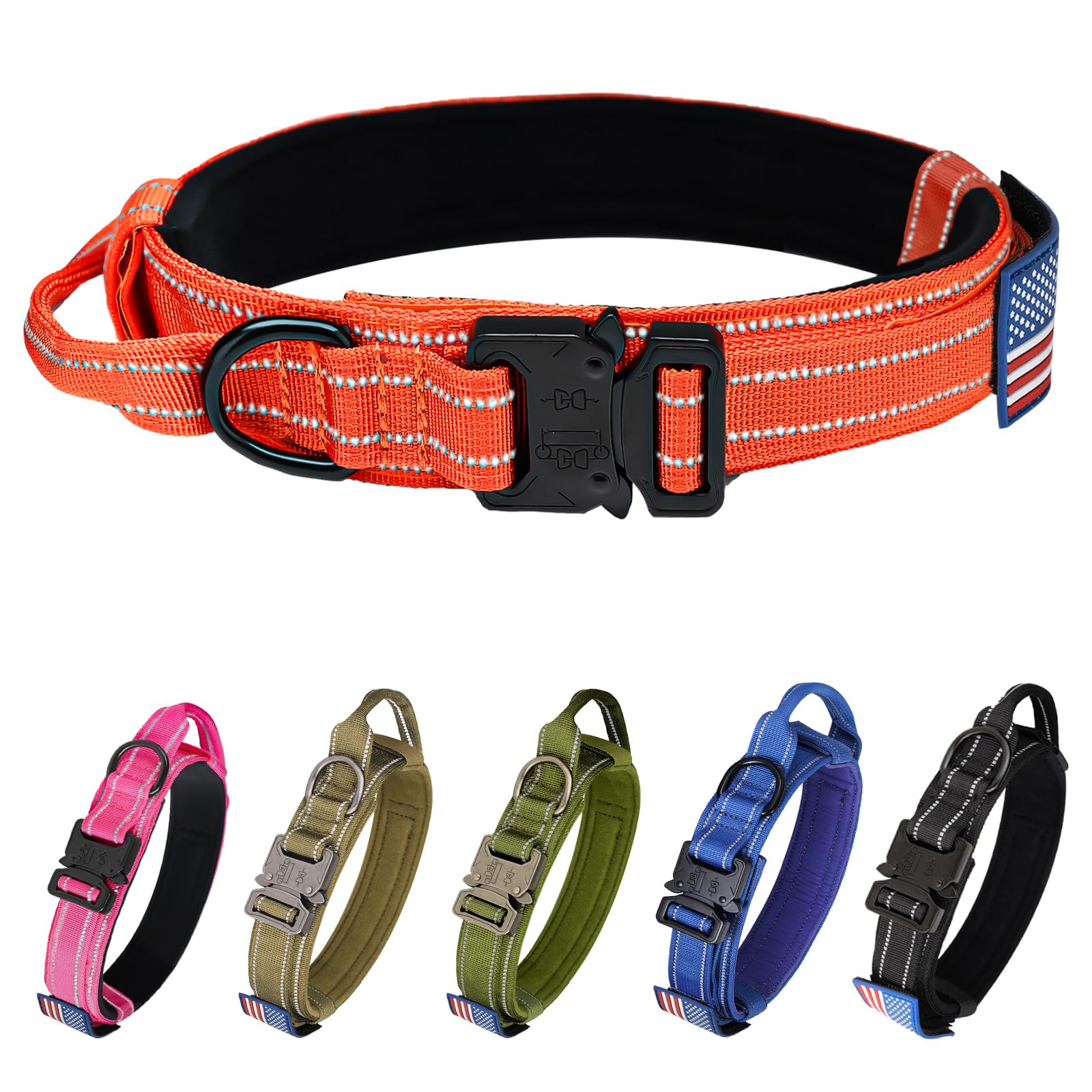Tactical Dog Collar- Kcucop Military Dog Collar With Reflective Collar And American Flag Patch With Handle Heavy Duty Metal Buckle 1.5' Width Nylon Thick Adjustable K9 Collar(Orange Reflective-Xl)