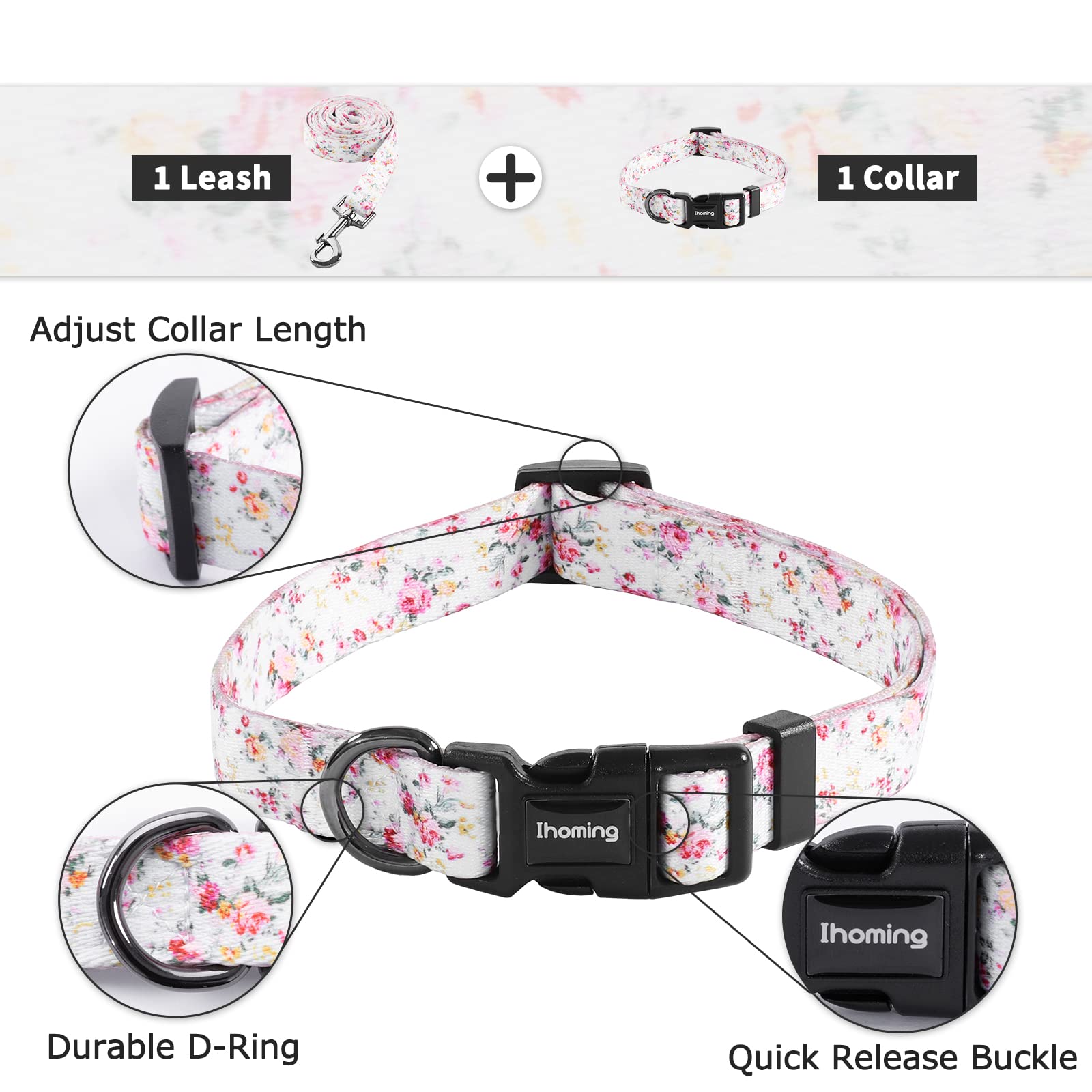 Ihoming Dog Collar And Leash Set For Daily Outdoor Walking Running Training, Floral Sky Design For Medium Boys Girls Dogs Cats P