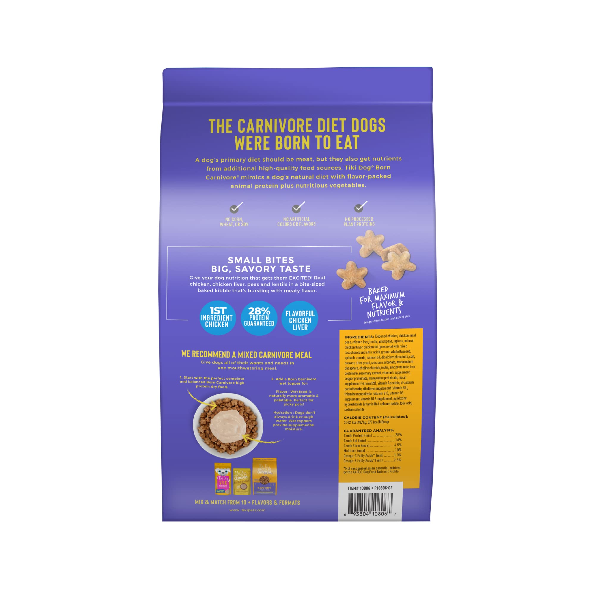 Tiki Dog Born Carnivore for Dogs, Savory Chicken, Peas & Lentils Recipe, Grain Free Baked Kibble for Maximum Nutrition, For Adul