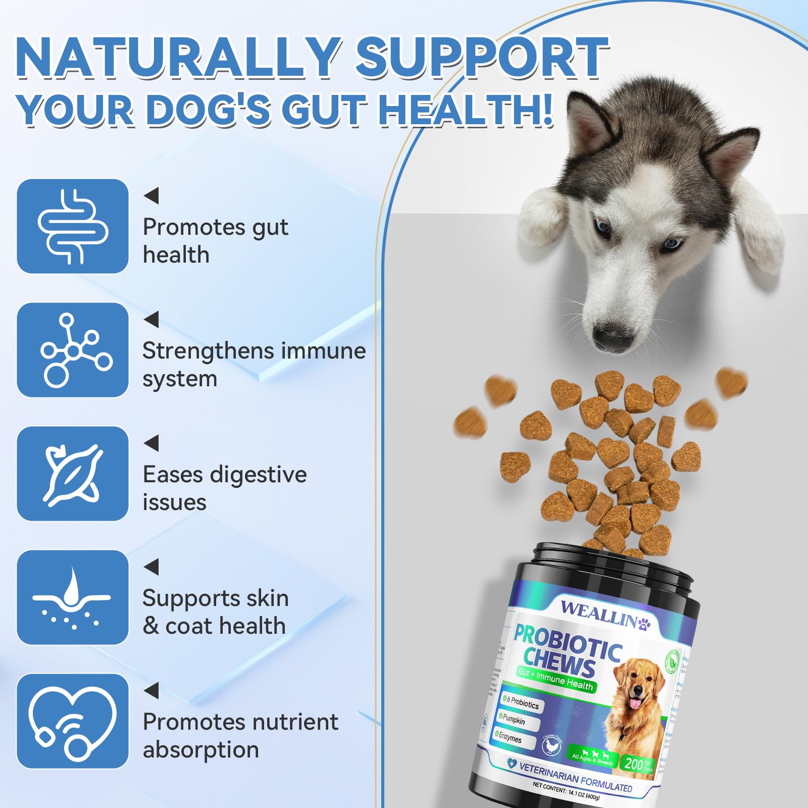 WEALLIN Probiotics for Dogs - Dog Probiotic Chews 200 Chews for Gut Health, Digestive Support & Itchy Skin Relief Pet Diarrhea G