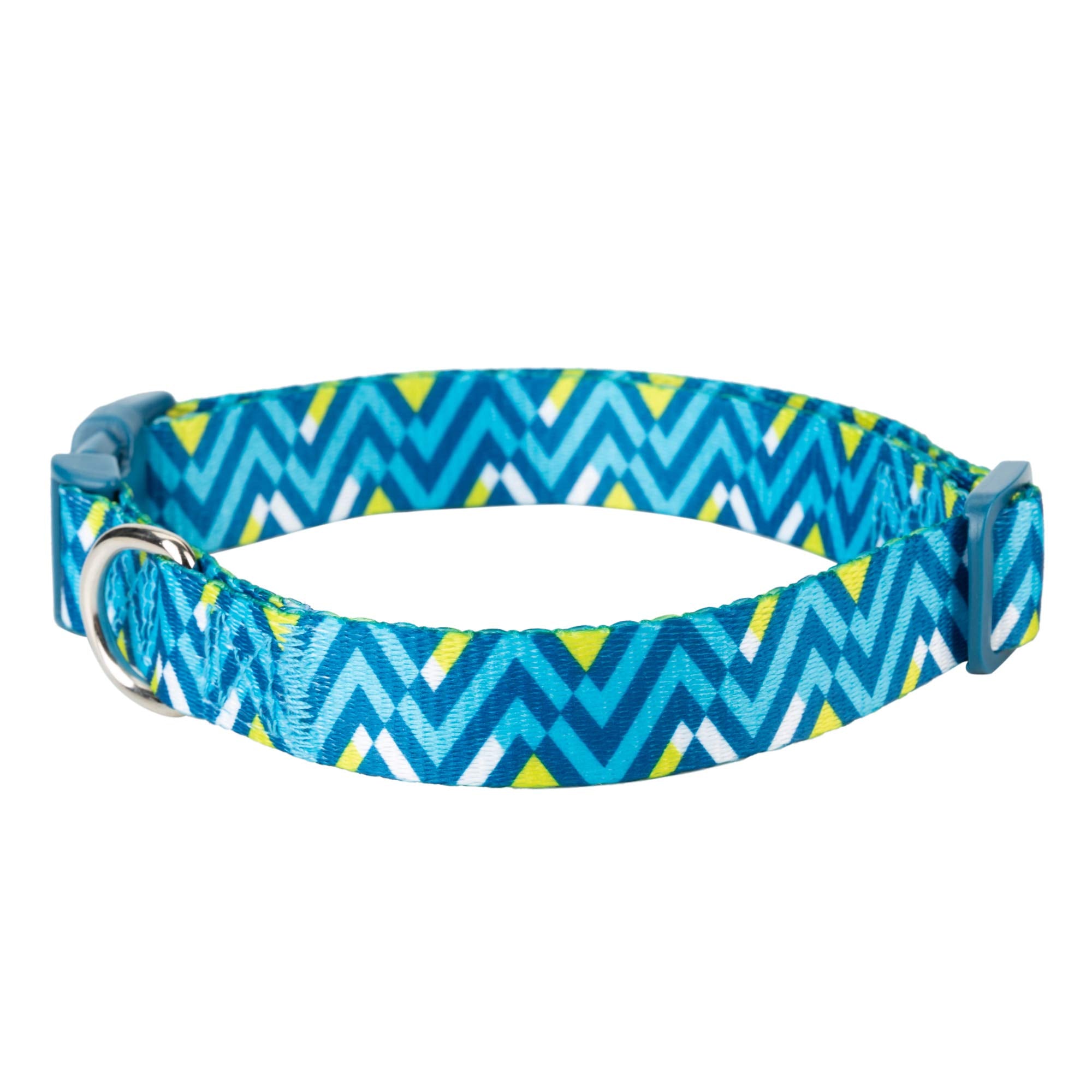 Mile High Life | Geometric Ocean Wavy Pattern | Soft Poly Cotton Fabric | Black Buckle Dog Collar With D Ring| We Donate To Dog Rescues(Light Blue/Hot Blue, Small )