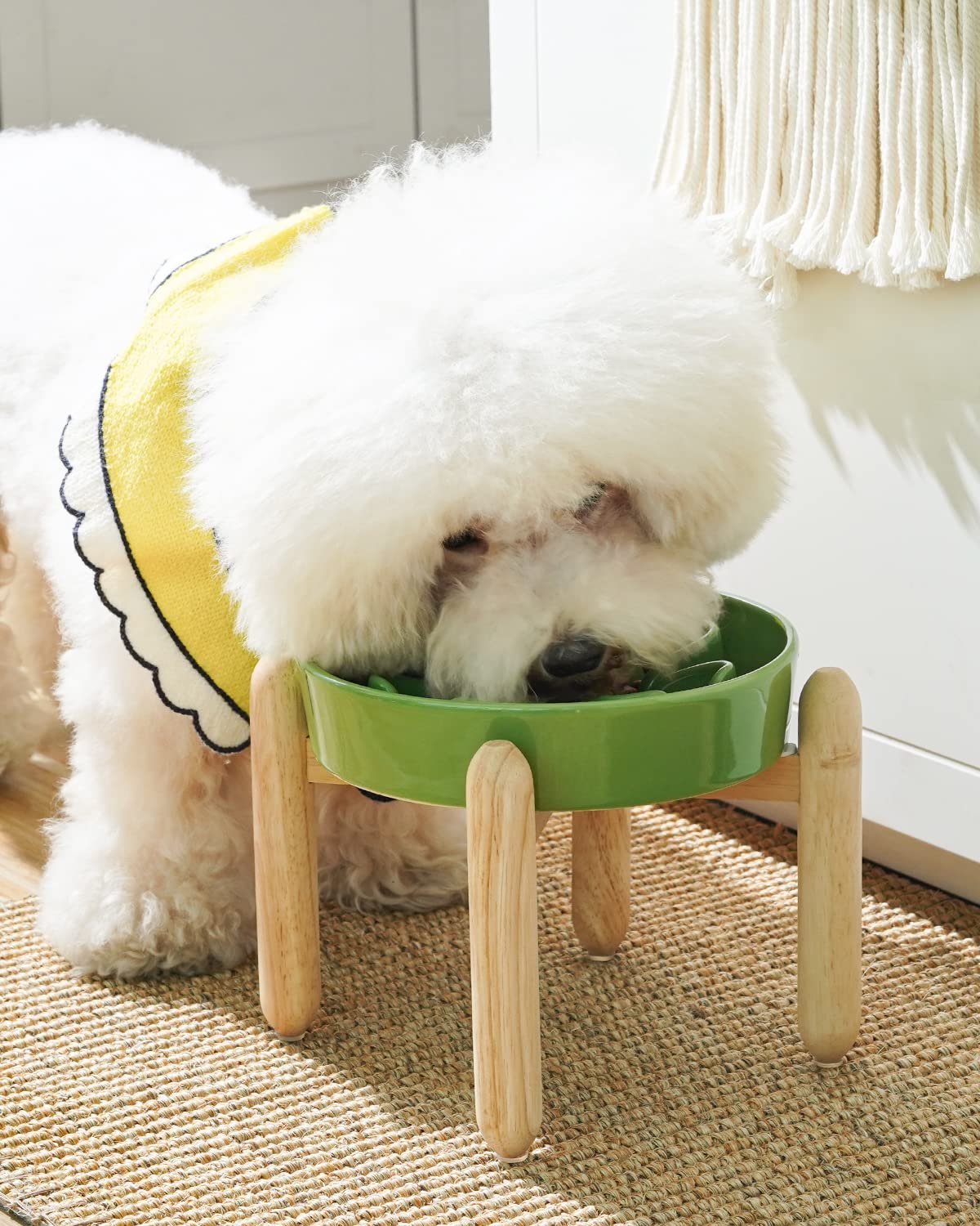 LE TAUCI Ceramic Slow Feeder Dog Bowls Elevated for Small and Medium Breed, Dog Bowls with Wooden Stand, 1.5 Cups Pet Dishes to