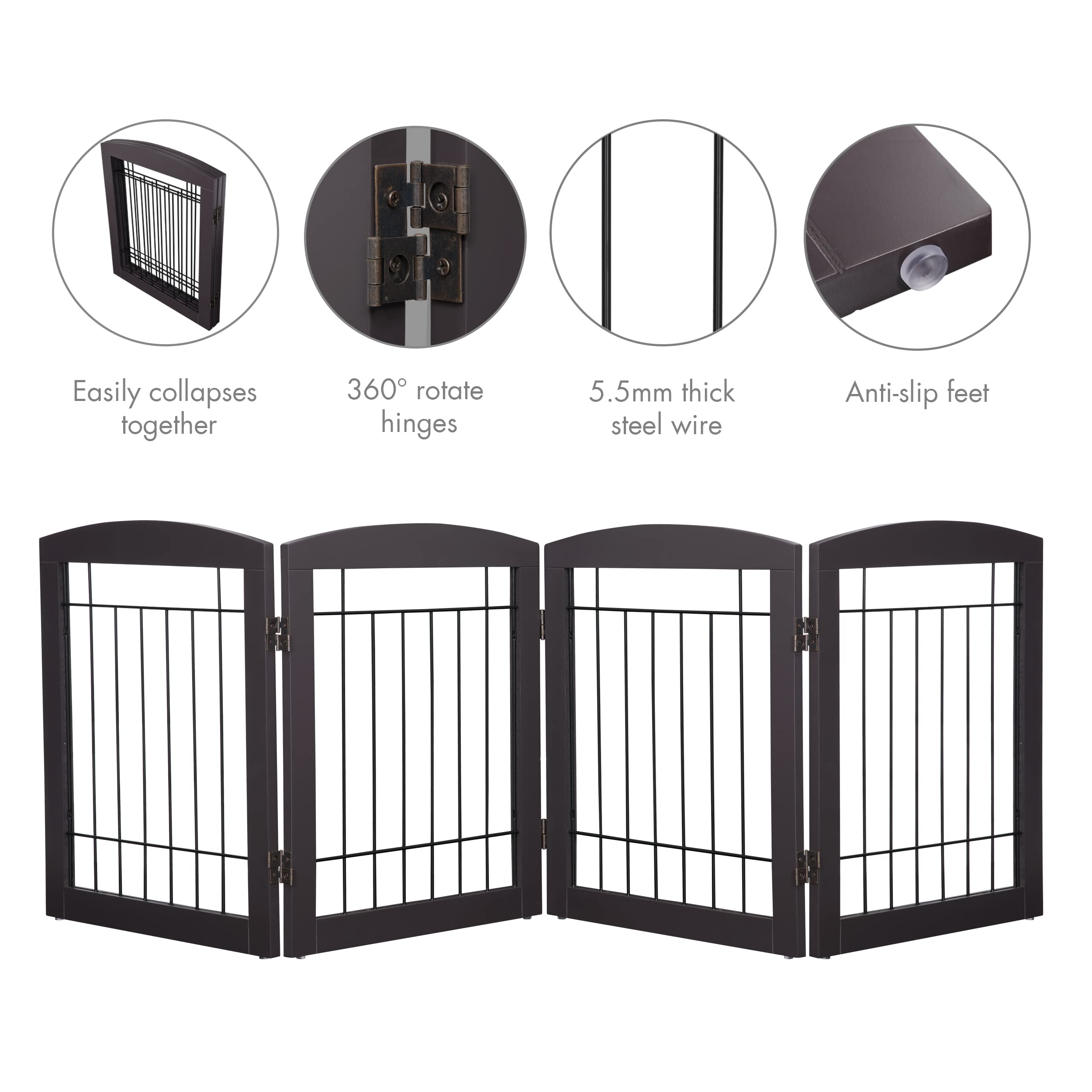 Pawland Dog Gate For The House Doorway Stairs Foldable Freestanding Indoor Pet Gate For Dogs Wooden Puppy Safety Fence 80' Wide 24' Height 4 Panels, Espresso
