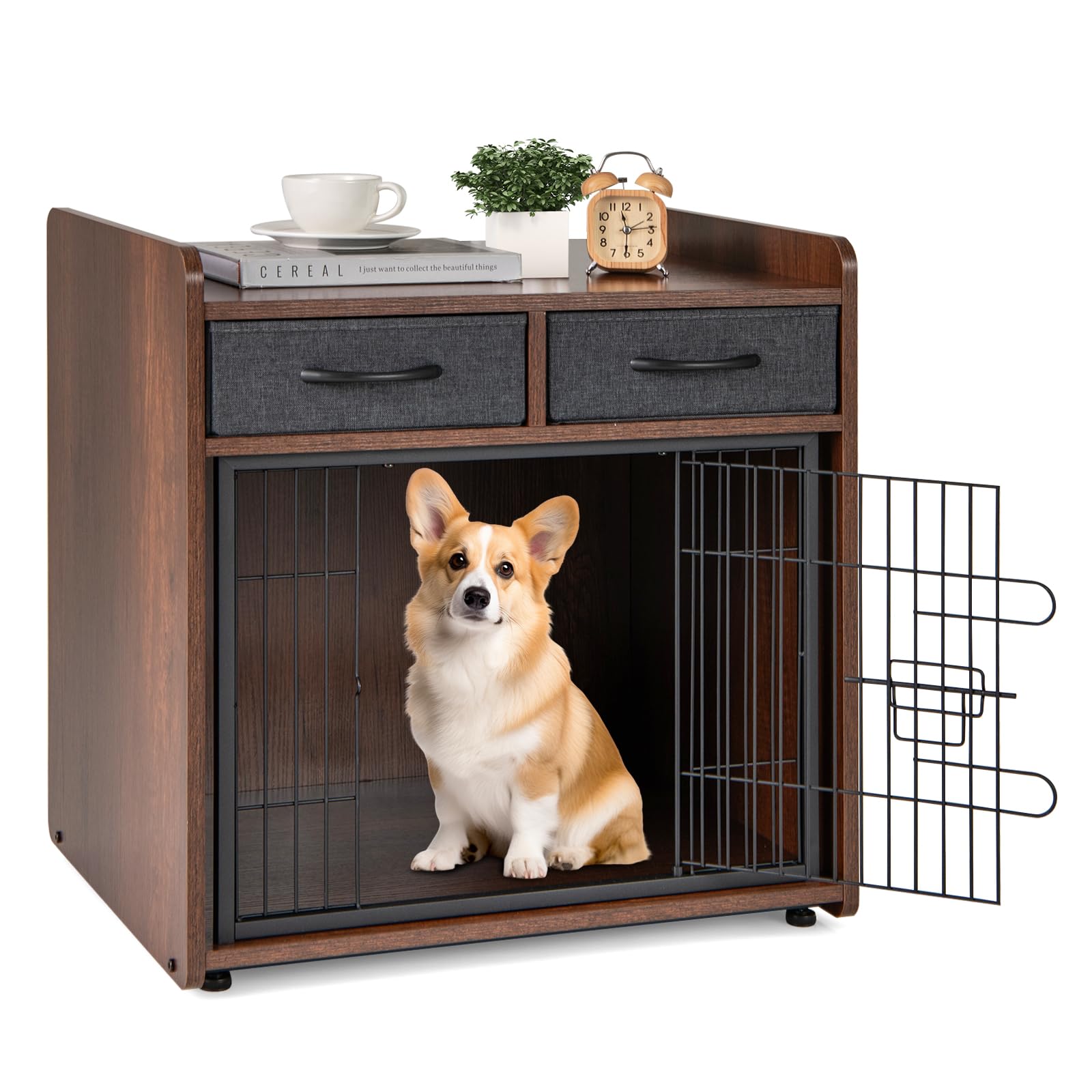 Giantex Dog Crate Furniture - Wooden Dog Cage End Table with 2 Storage Drawers, Latched Door, Pet House Dog Kennel Indoor for Sm