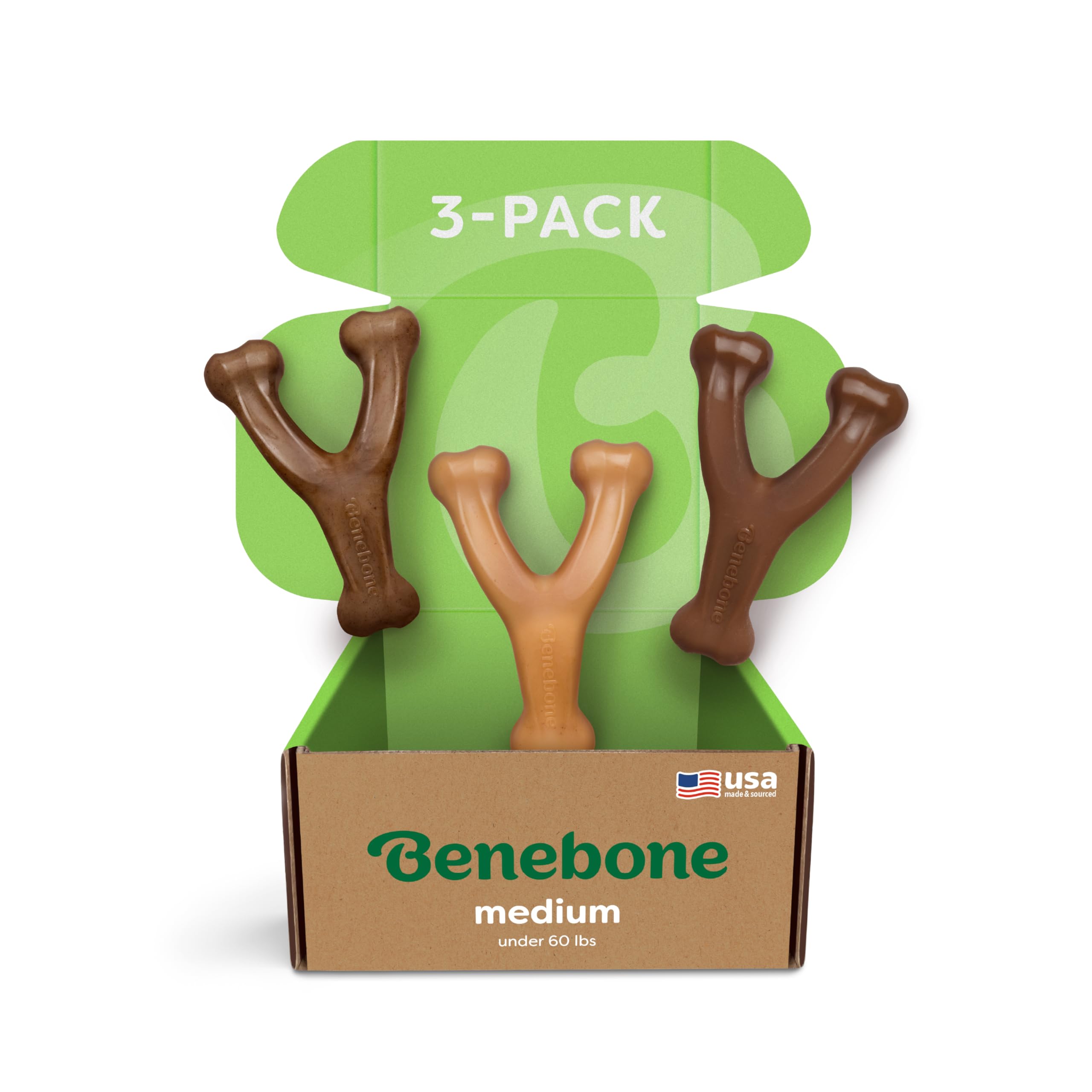 Medium 3-Pack, Benebone Wishbone Durable Dog Chew Toy for Aggressive Chewers, Real Bacon, Chicken, Peanut Butter, Made in USA, V