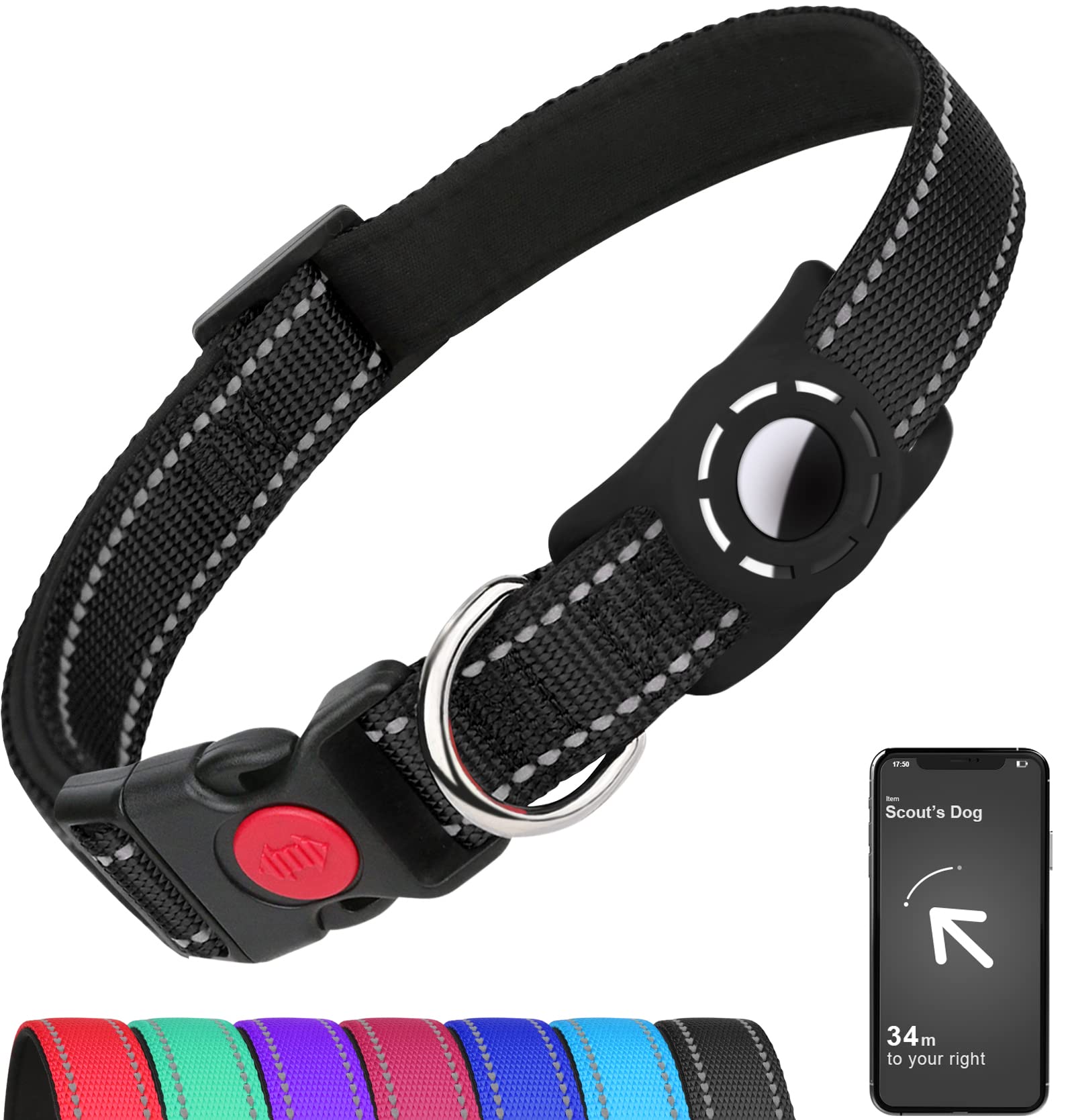 Erbine Airtag Dog Collar For Small Dogs, Reflective Dog Collars With Airtag Holder, Soft Padded & Safety Locking Buckle, Nylon Pet Collar Adjustable For All Breeds, Black