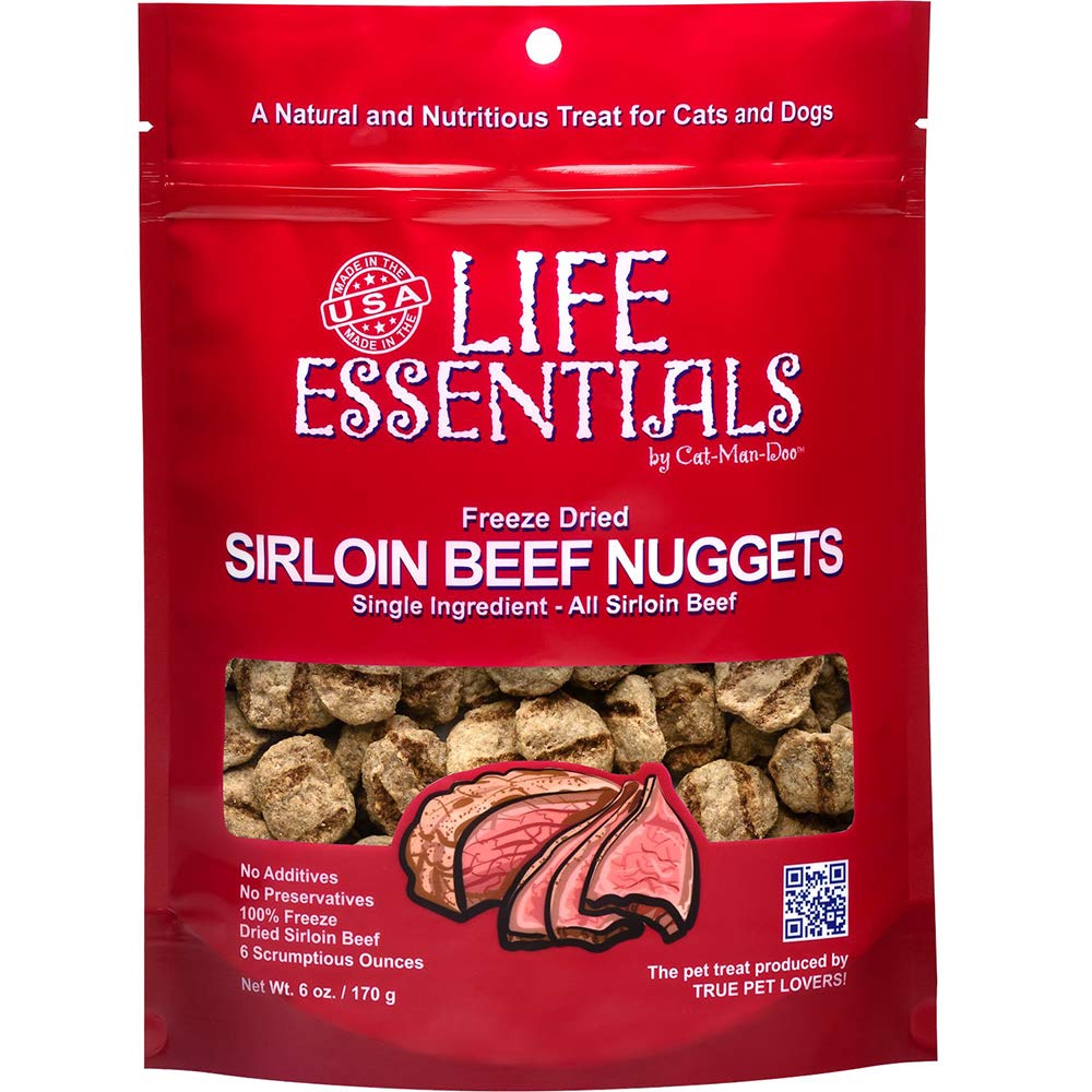 LIFE ESSENTIALS BY CAT-MAN-DOO Freeze Dried Sirloin Beef, Dog & Cat Treats, No Additives, No Preservatives -(6 OZ Bag)