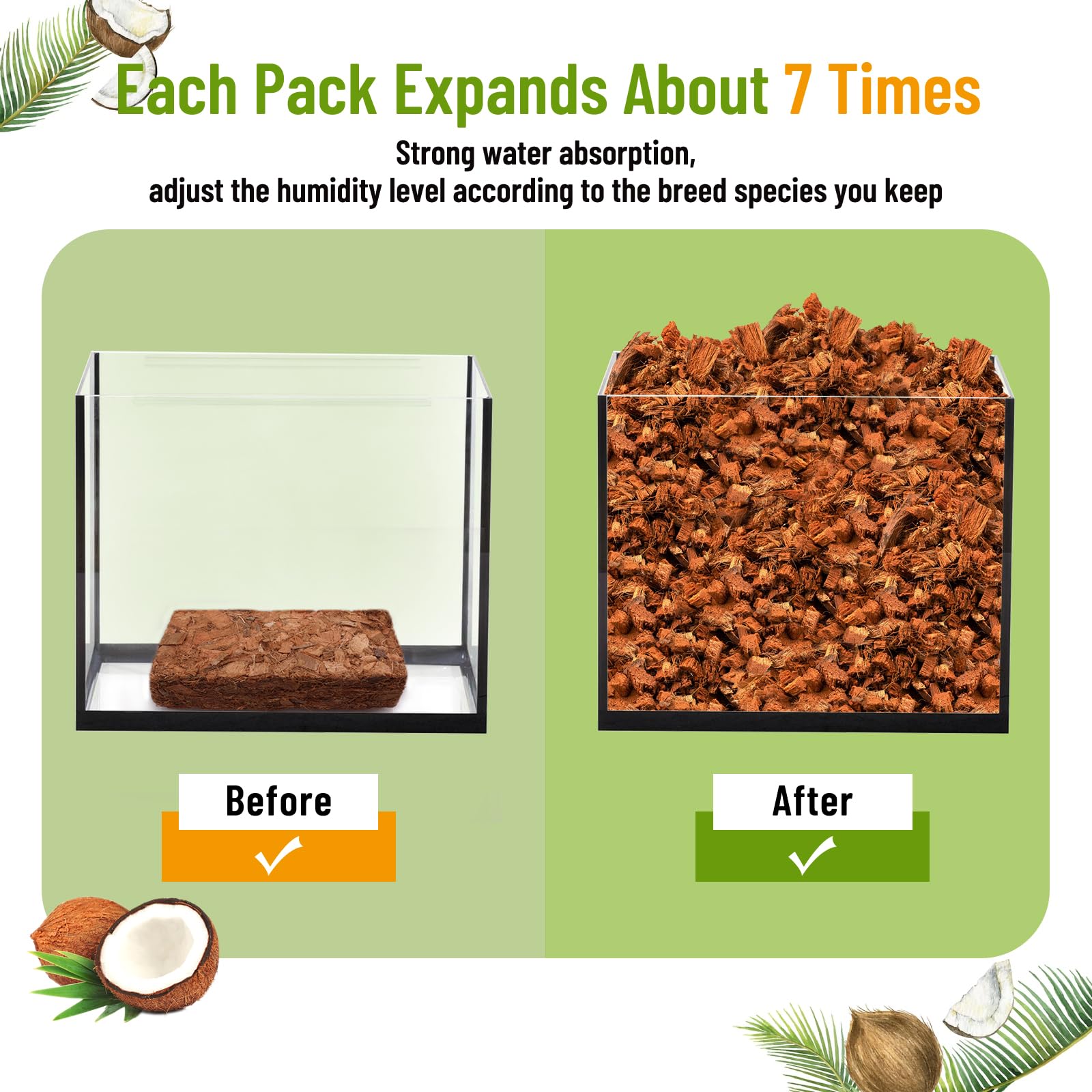 Riare 2 Pack Natural Coconut Chip Substrate for Reptiles- Compressed Coconut Husk Reptiles Bedding, Coco Husk Chip Terrarium Sub