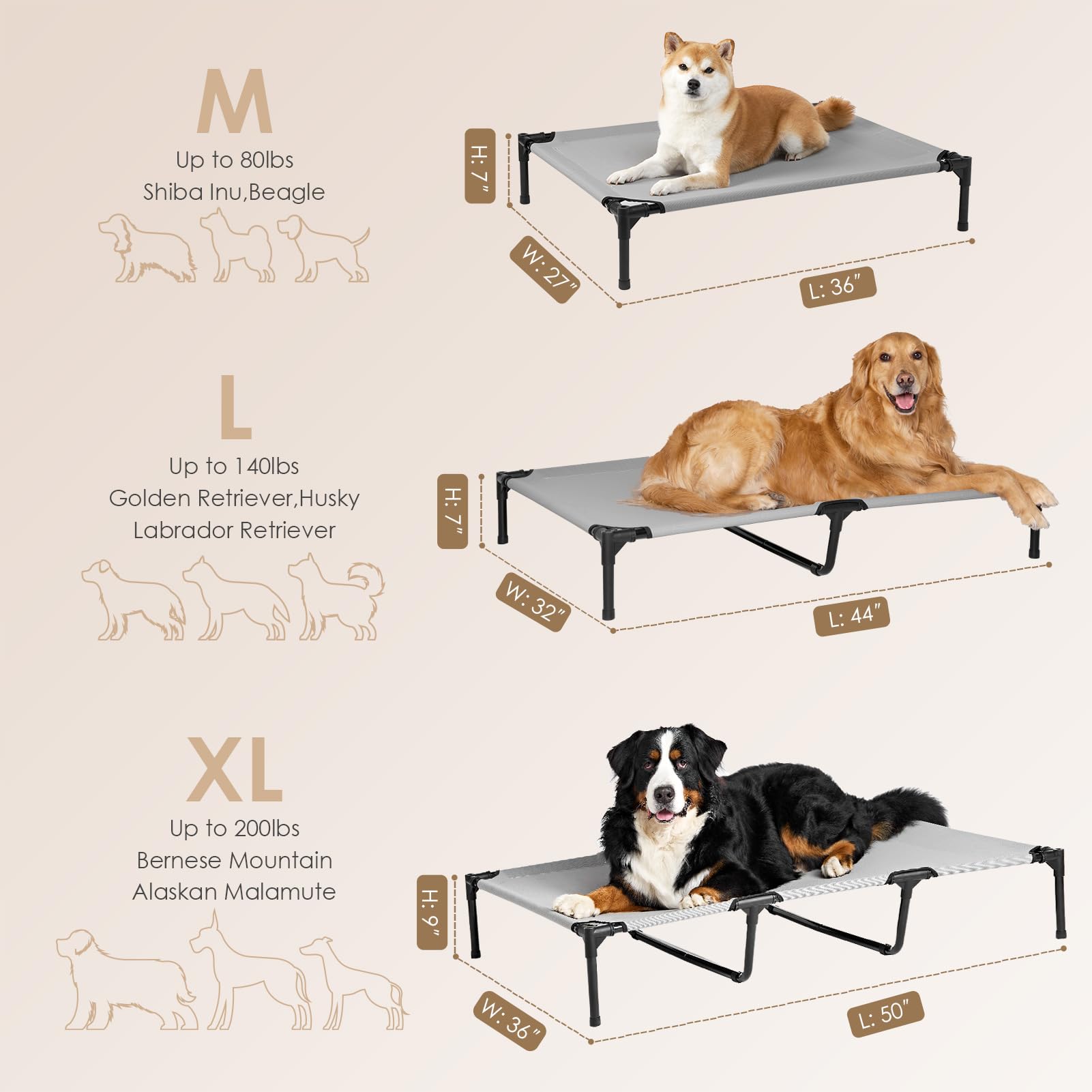 EHEYCIGA 44 Inch Elevated Dog Cot Beds for Large Dogs, Raised Outdoor Dog Bed with Frame, Washable Breathable Cooling Teslin Mes