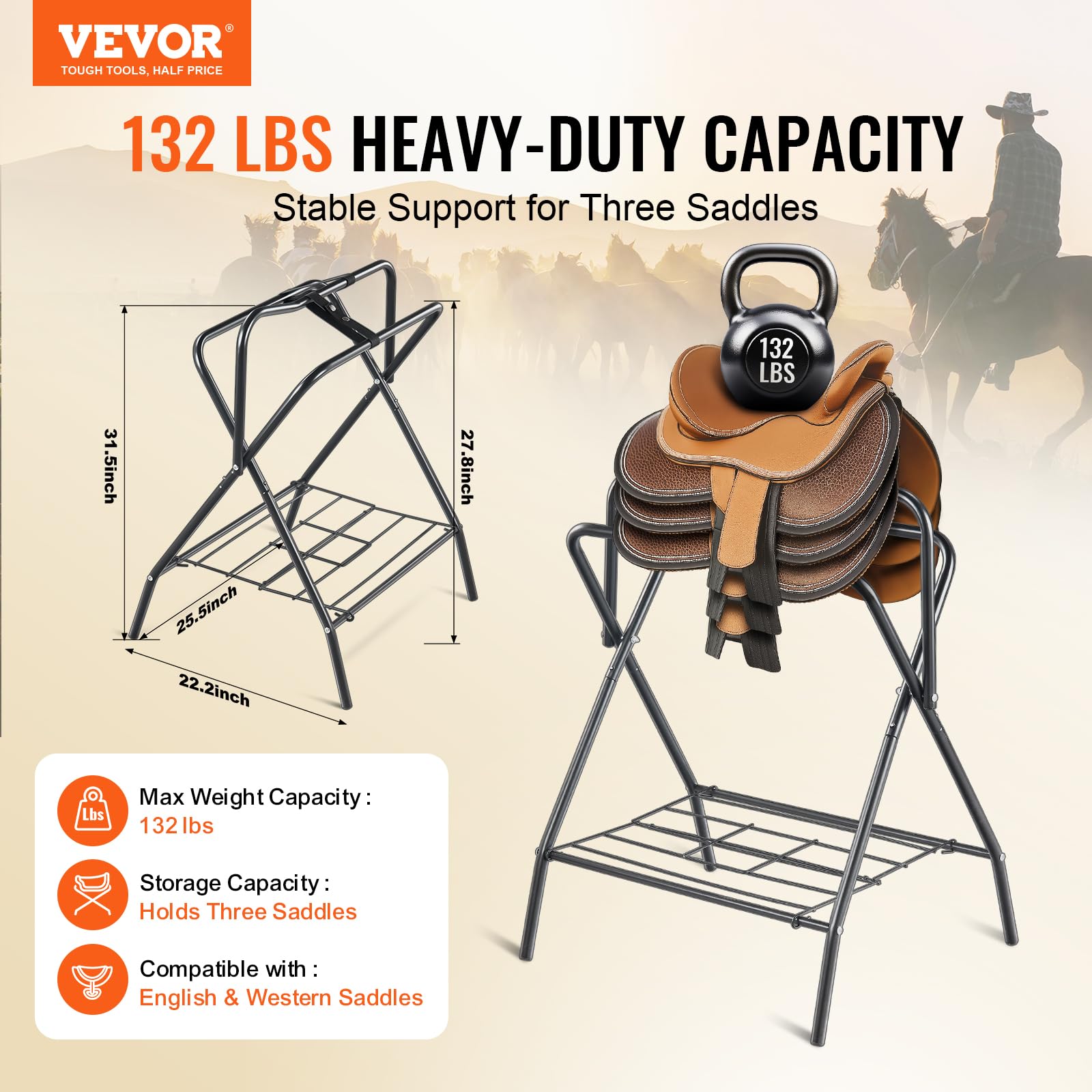 VEVOR Folding Saddle Rack, Freestanding Horse Saddle Stand, Portable Horse Blanket Holder, Heavy Duty Steel Saddle Rack for Engl