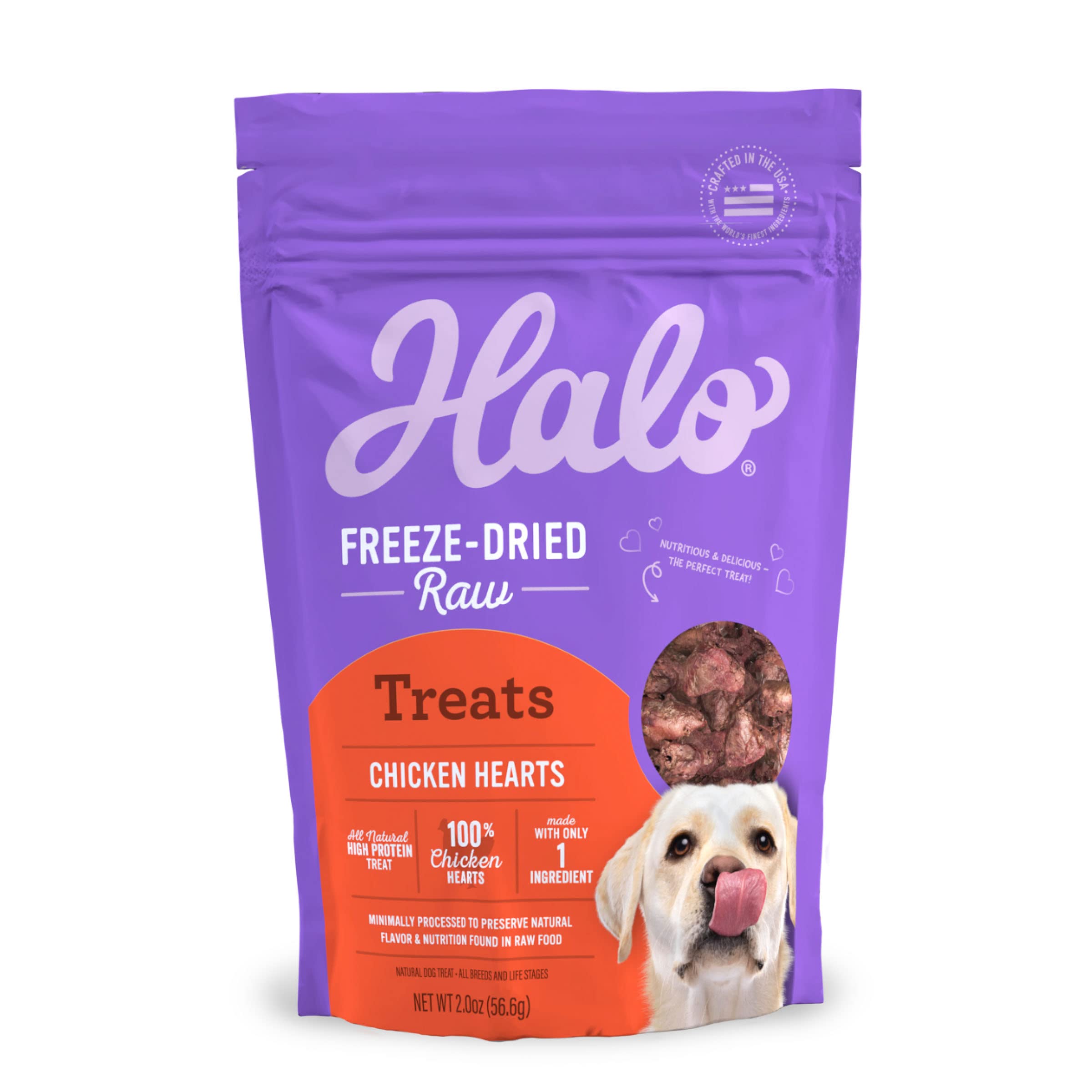 Halo Freeze Dried Raw Dog Treats, 100% Chicken Hearts Recipe, Dog Treats Pouch, All-Natural High Protien Treat, 2 Oz Pouch