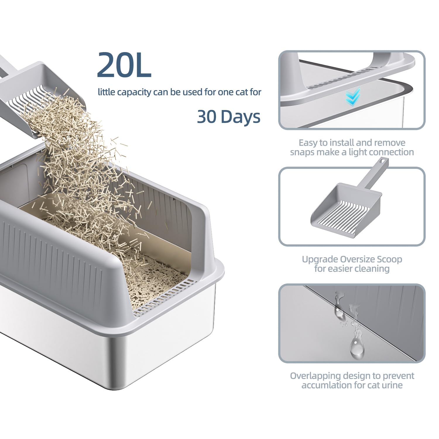 Stainless Steel Cat Litter Box With Lid,Xl,19.7   L X 13.8   W X 11.8   H Deep,Metal Litter Box With High Side,For Small And Lar