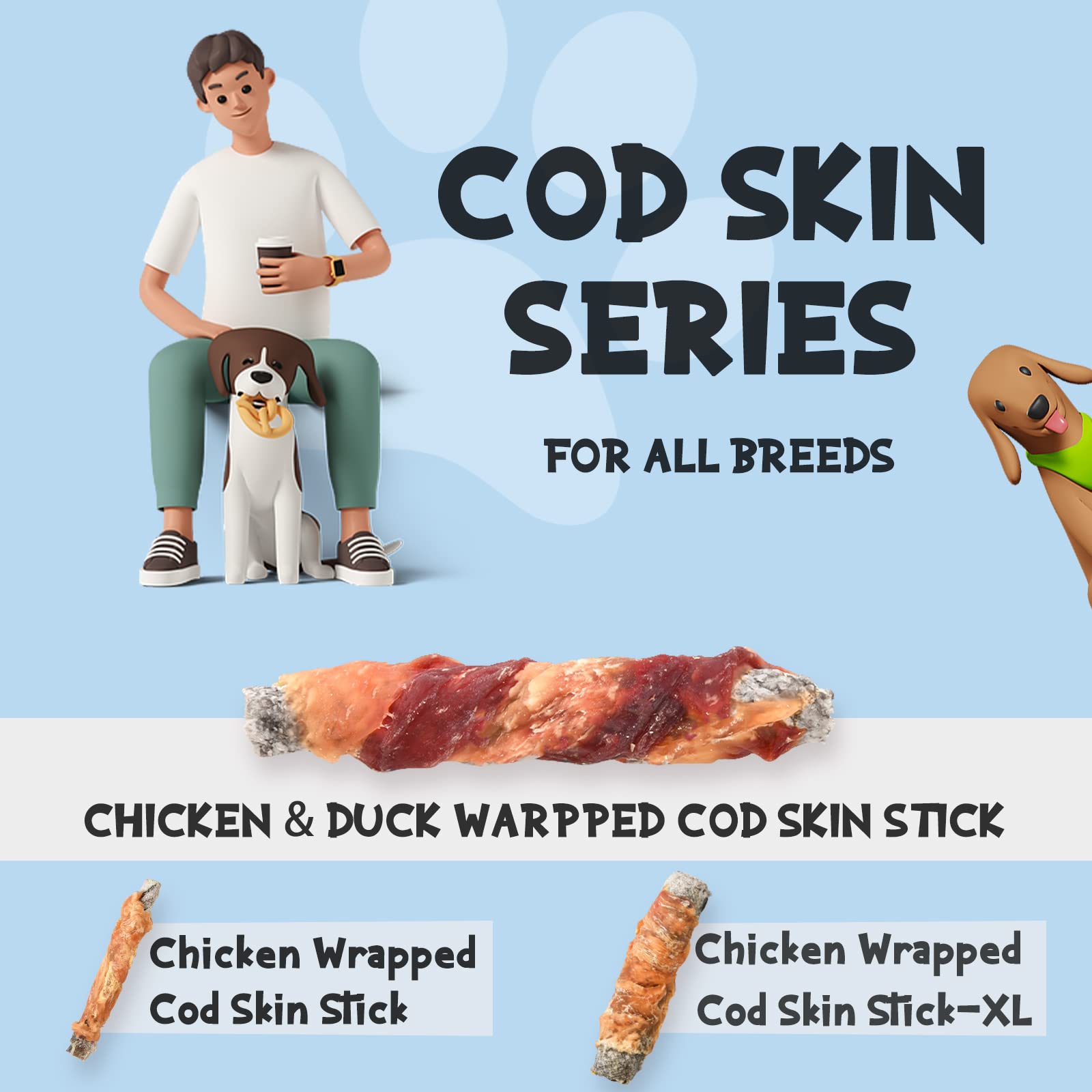 ASMPET Dog Treats Chews, Chicken & Duck Wrapped Cod Skin Sticks, Rawhide Free Cod Skin Treats for Dogs 10.6 oz