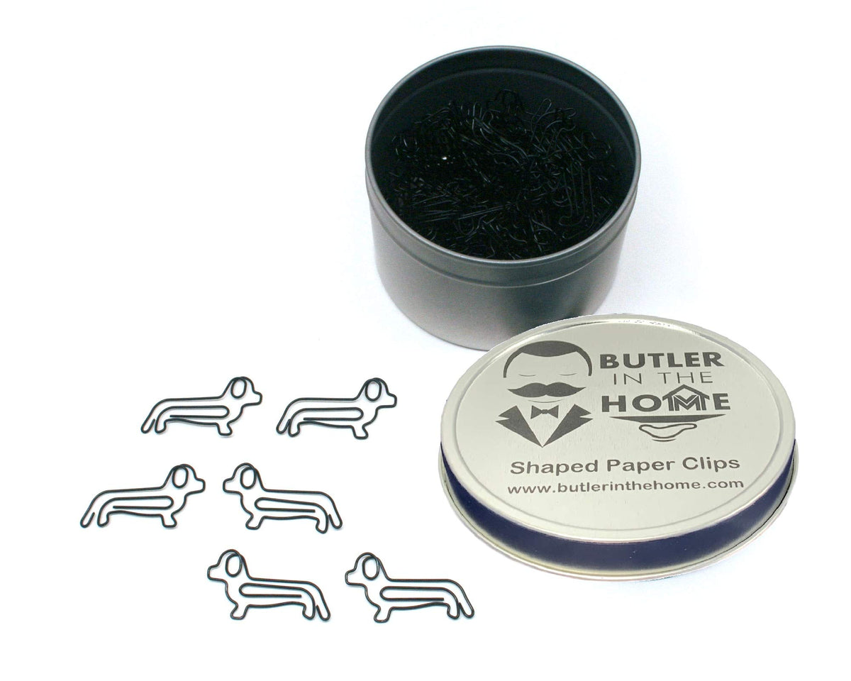 Butler In The Home Dog Dachshund Shaped Paper Clips Great For Paper Clip Collectors Or Dog And Pet Lovers (Black - 100 Count Silver Tin Gift Box)