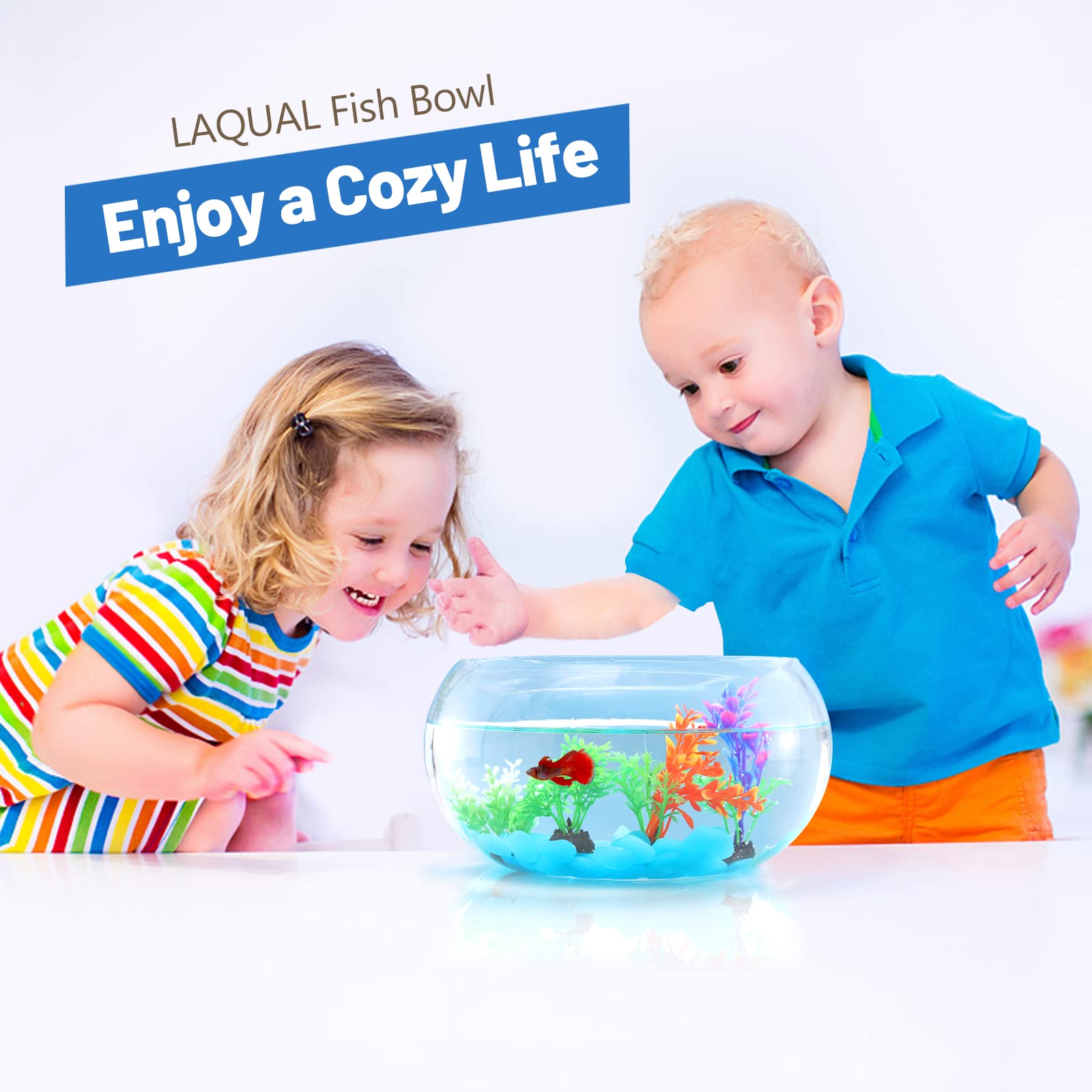 1 Gallon Glass Fish Bowl With Decor, Include Fluorescent Rocks & Colorful Plastic Trees, High White Glass For Clear View, Small