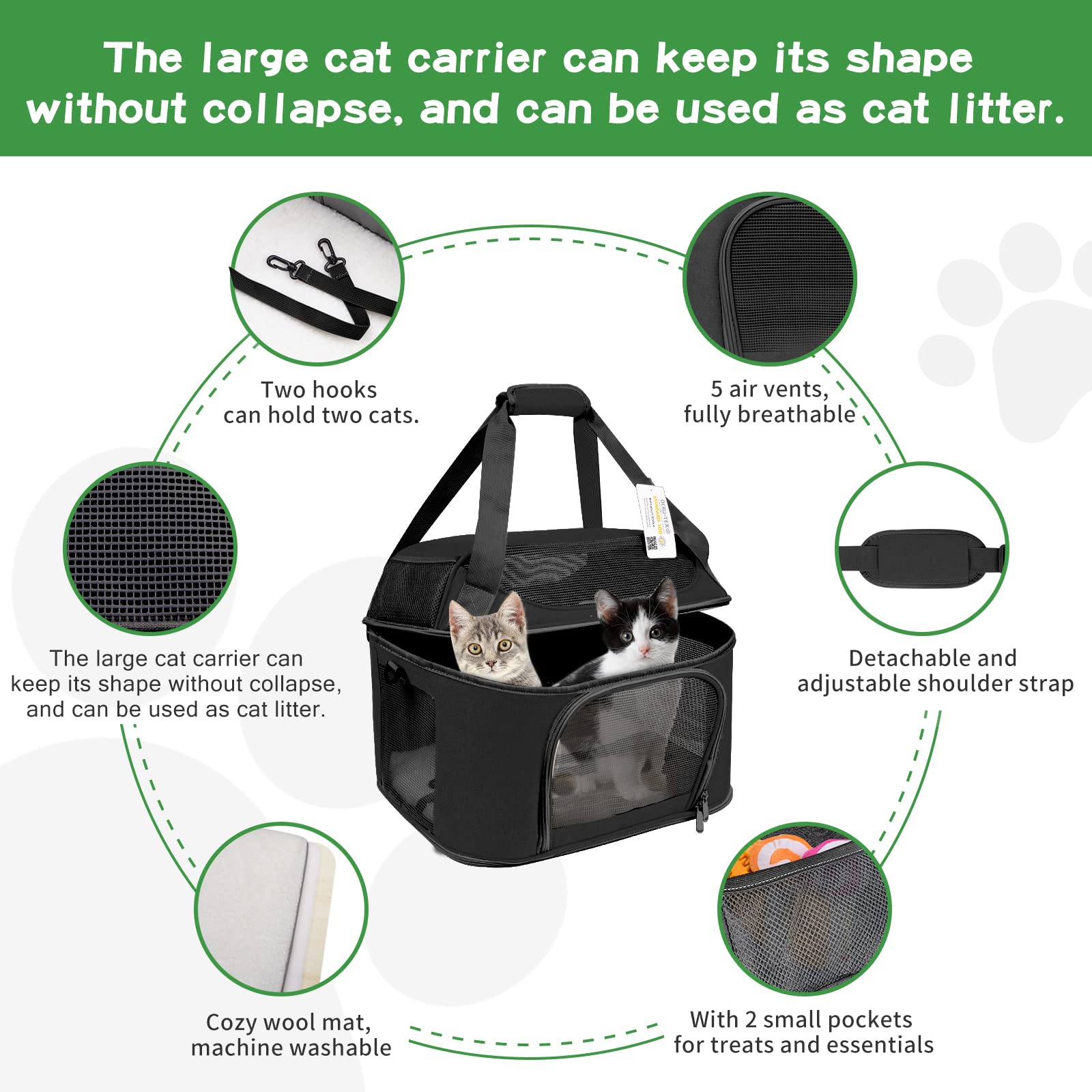 Bejibear Large Cat Carrier For 2 Cats, Soft Side Carrier For Cats Small Dogs, Collapsible Travel Dog Carrier Oeko-Tex Certified, Tsa Airline Approved Cat Carrier Backpack For 20 Lbs Cat,Black