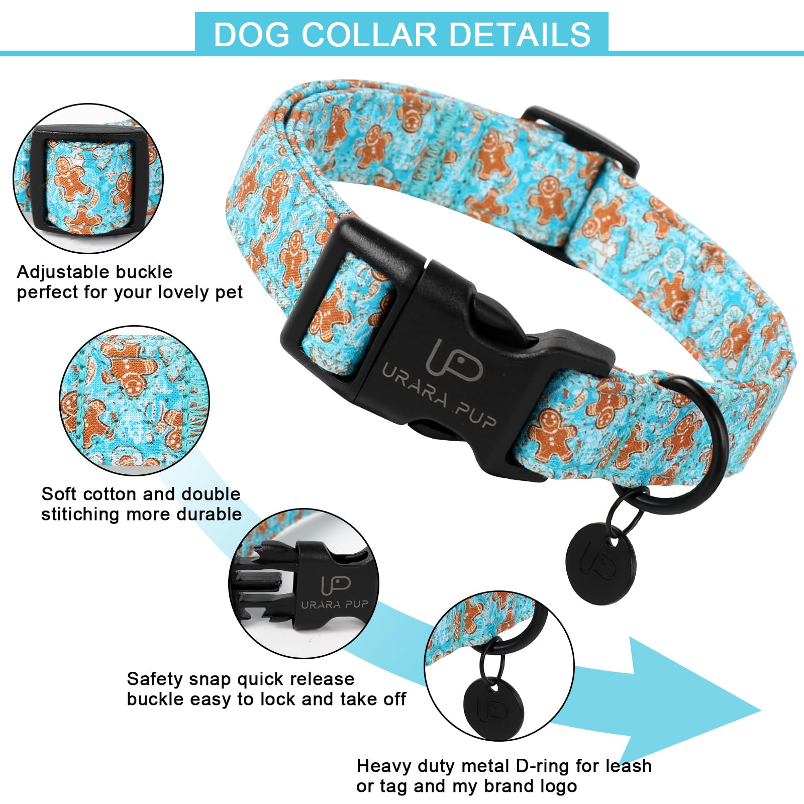 Up Urara Pup Christmas Dog Collar,Adjustable Gingerbread Pet Collar,Chriatmas Puppy Collar For Small Medium Large Dogs,L