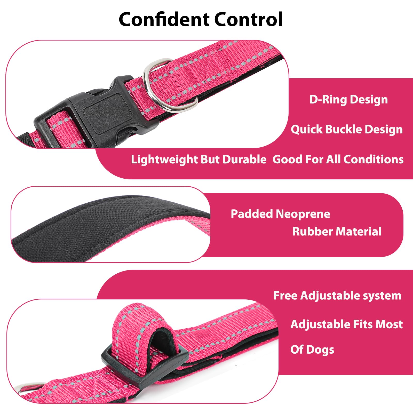Penseepet Reflective Dog Collar Padded With Soft Neoprene Breathable Quick Release Basic Dog Collars For Large Dogs Hot Pink Girl