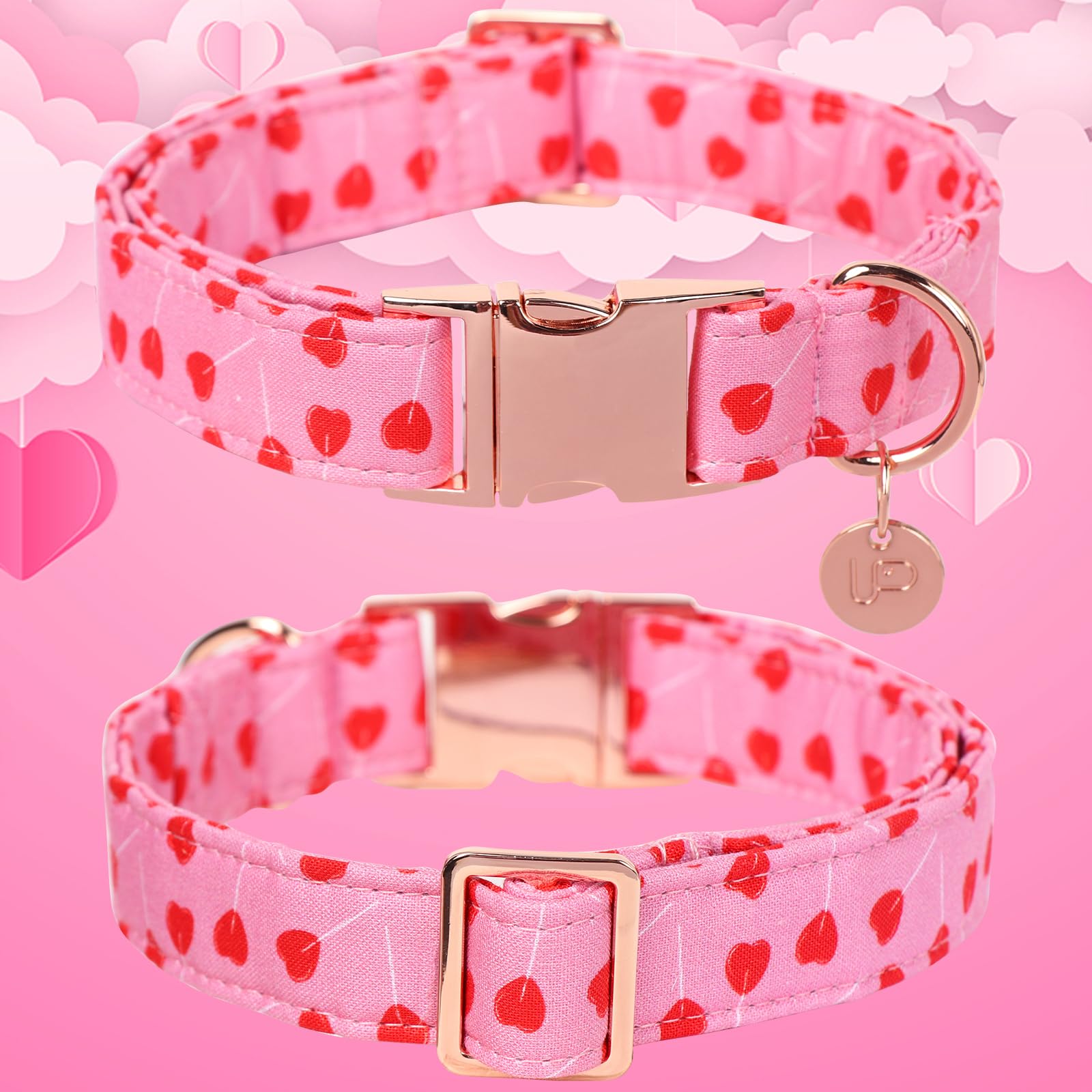 Up Urara Pup Valentine'S Dog Collar, Pink Heart Pattern, Adjustable Size (10-16 Inches), Premium Cotton, Sturdy Metal Buckle, Pe