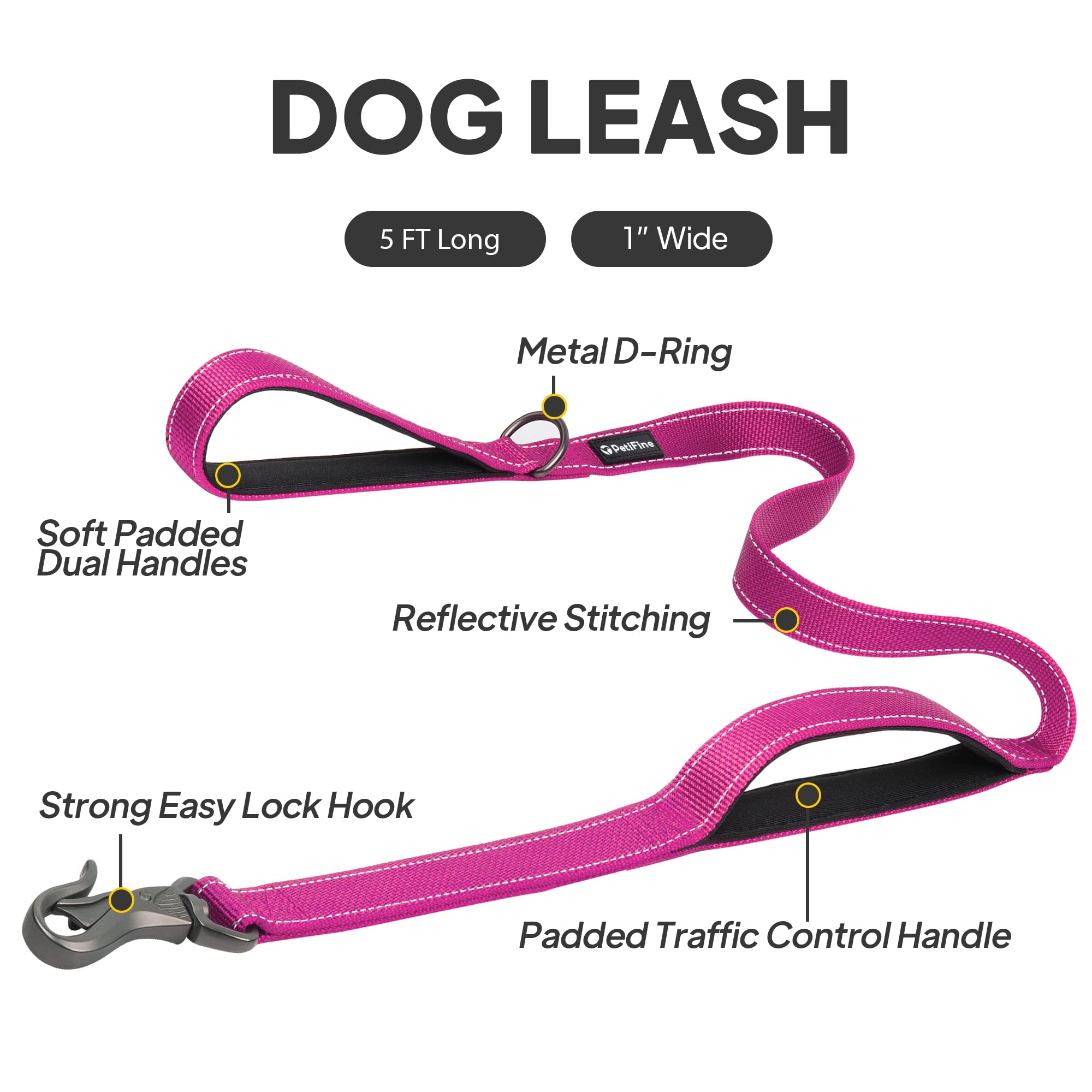 Petifine 5Ft Heavy Duty Dog Leash With Soft Padded Double Handle, Durable Strong Clasp Dog Leashes, Reflective Nylon Walking Lead For Large,Medium,Small Breed Dogs, Rose