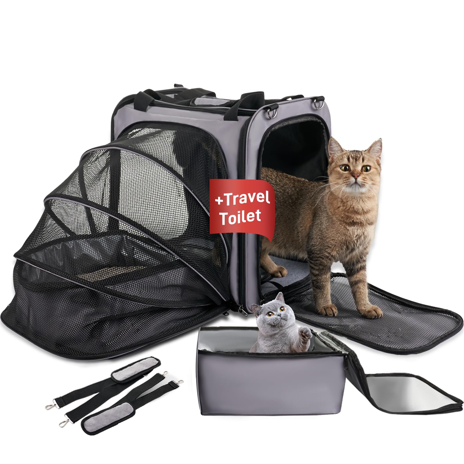 Litail Cat Travel Carrier With Litter Box For Car, Expandable Cat Carrier With Leak-Proof Litter Box For Car Travel, Up To 20 Lb