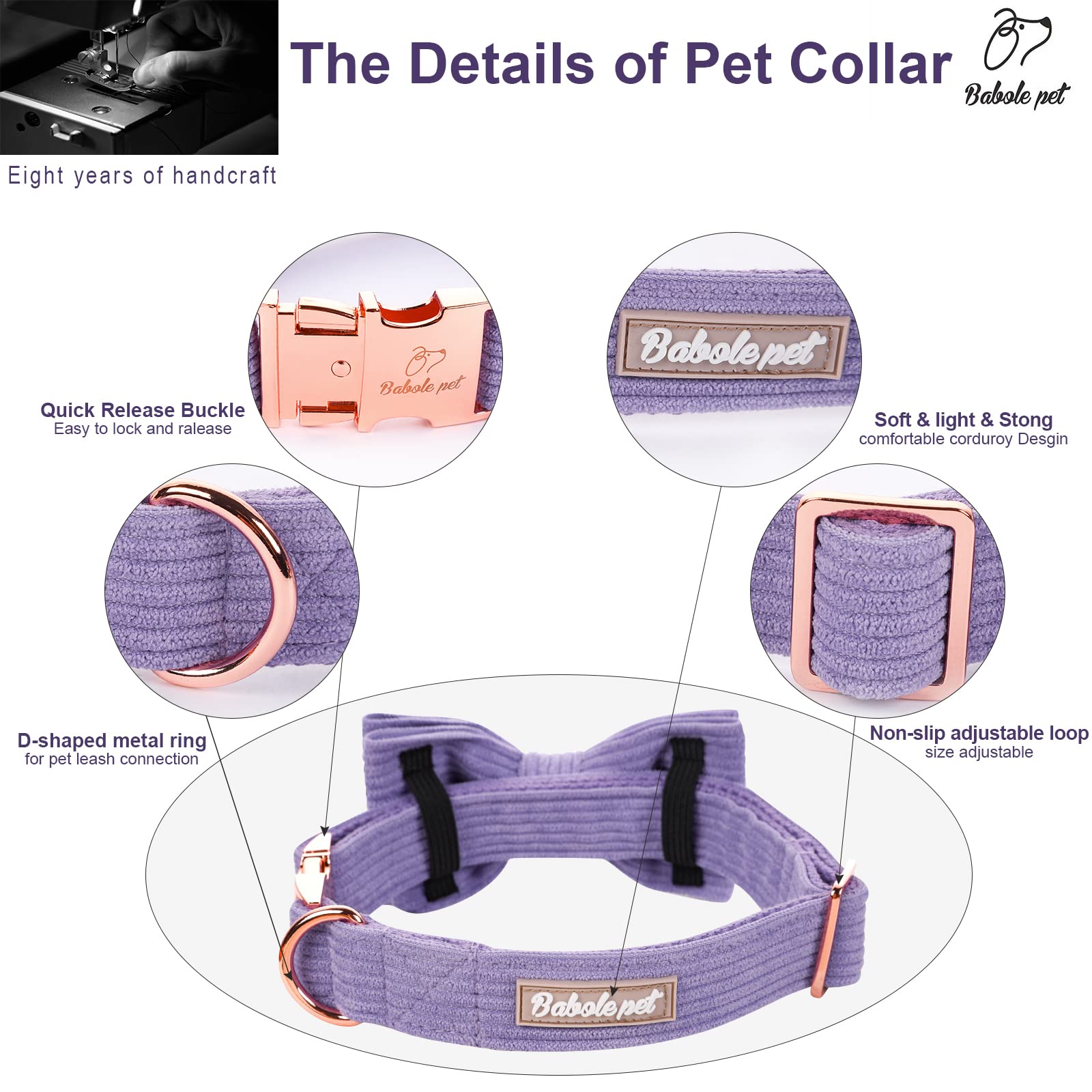 Babole Pet Lavender Dog Collars for Large Dog,Cute Corduroy Dog Collar with Bow Tie Safety Metal Buckle Adjustable Puppy Collars