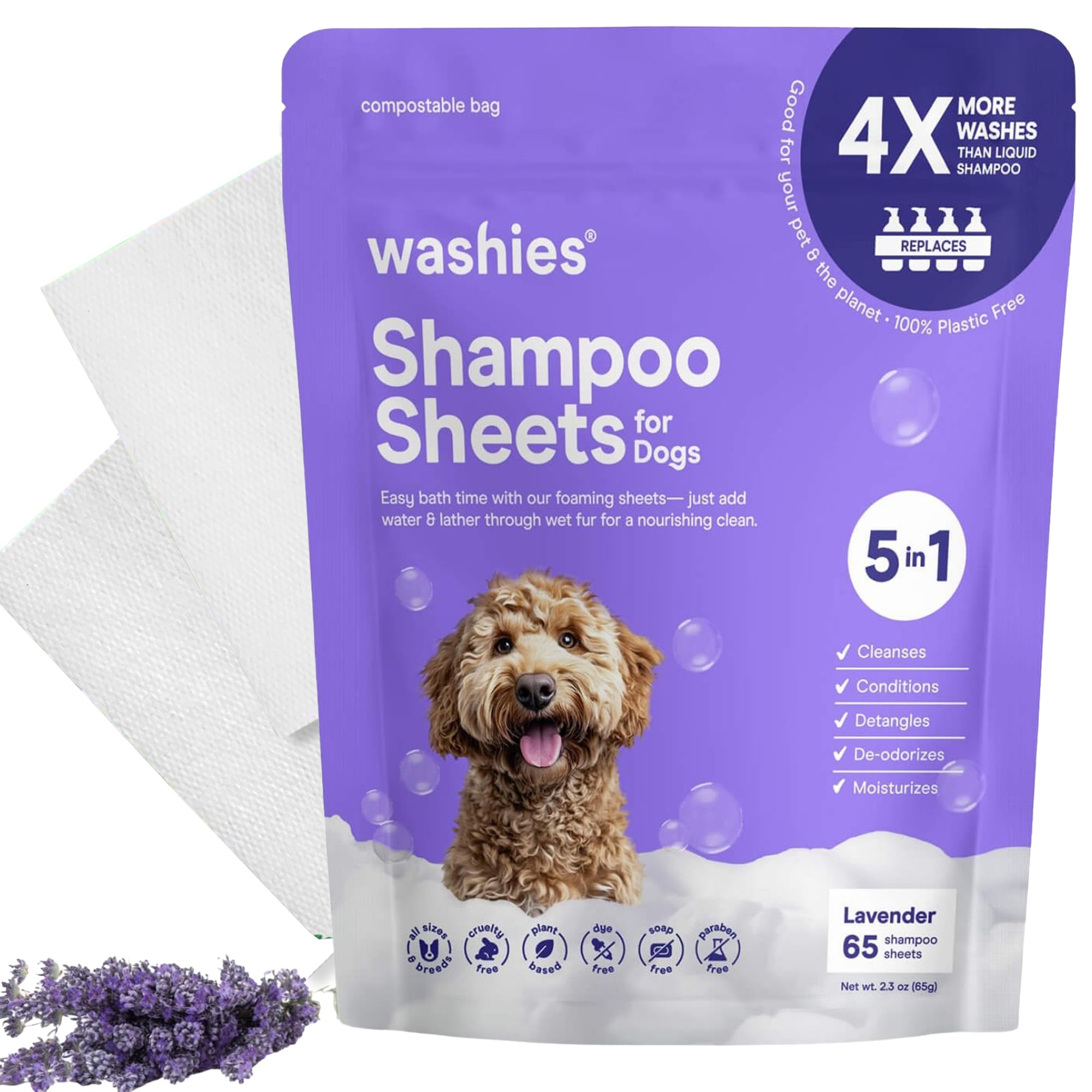 Washies Lavender Dog Shampoo Sheets, 2X Washes Than Liquid, Water Activated, Poodle & Smelly Dog Bath, Travel-Friendly, 65Ct