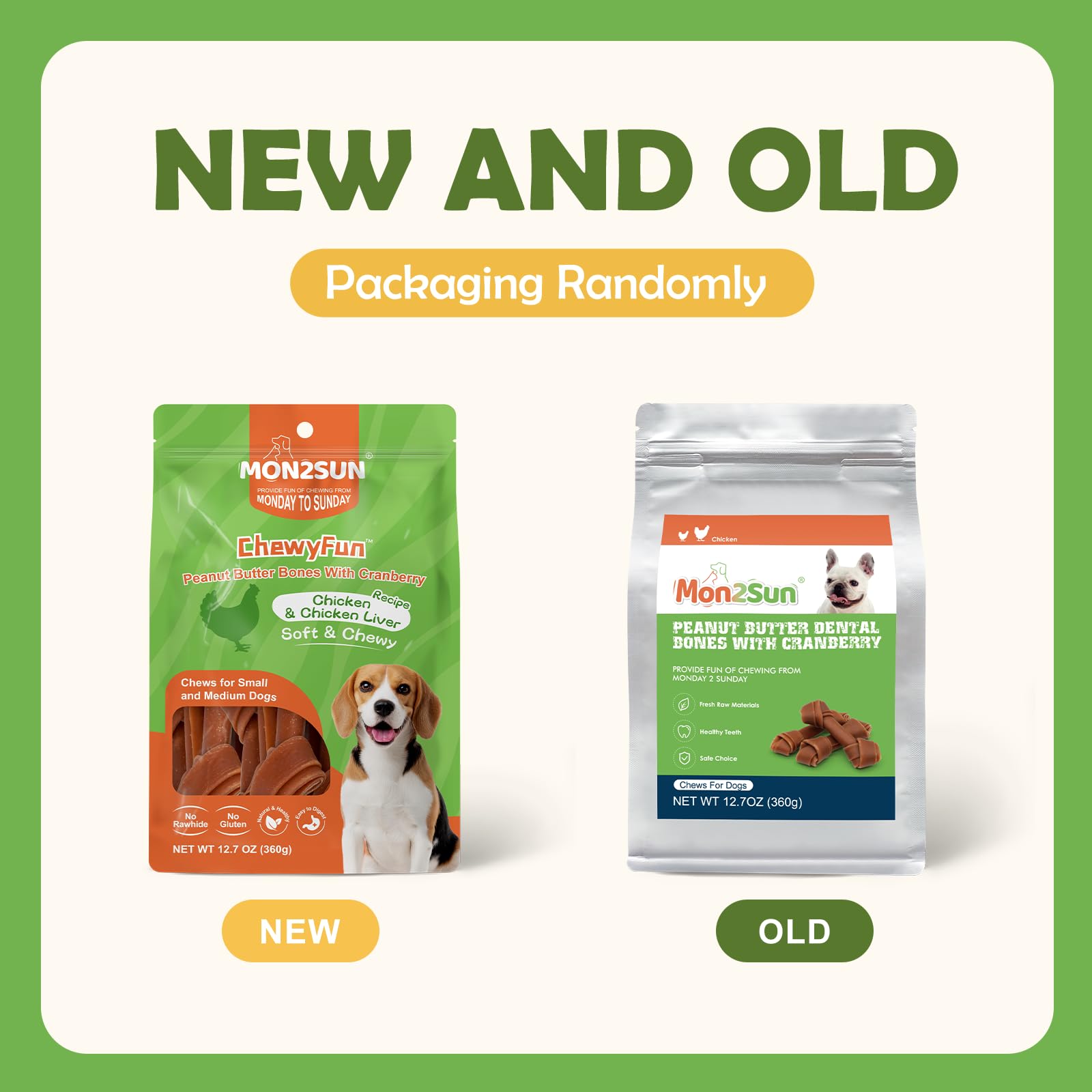 MON2SUN Rawhide Free Dog Treats, Peanut Butter Bones, 5 Inch 6 Count Chews for Small and Medium Dogs, Healthy Bones for Balanced