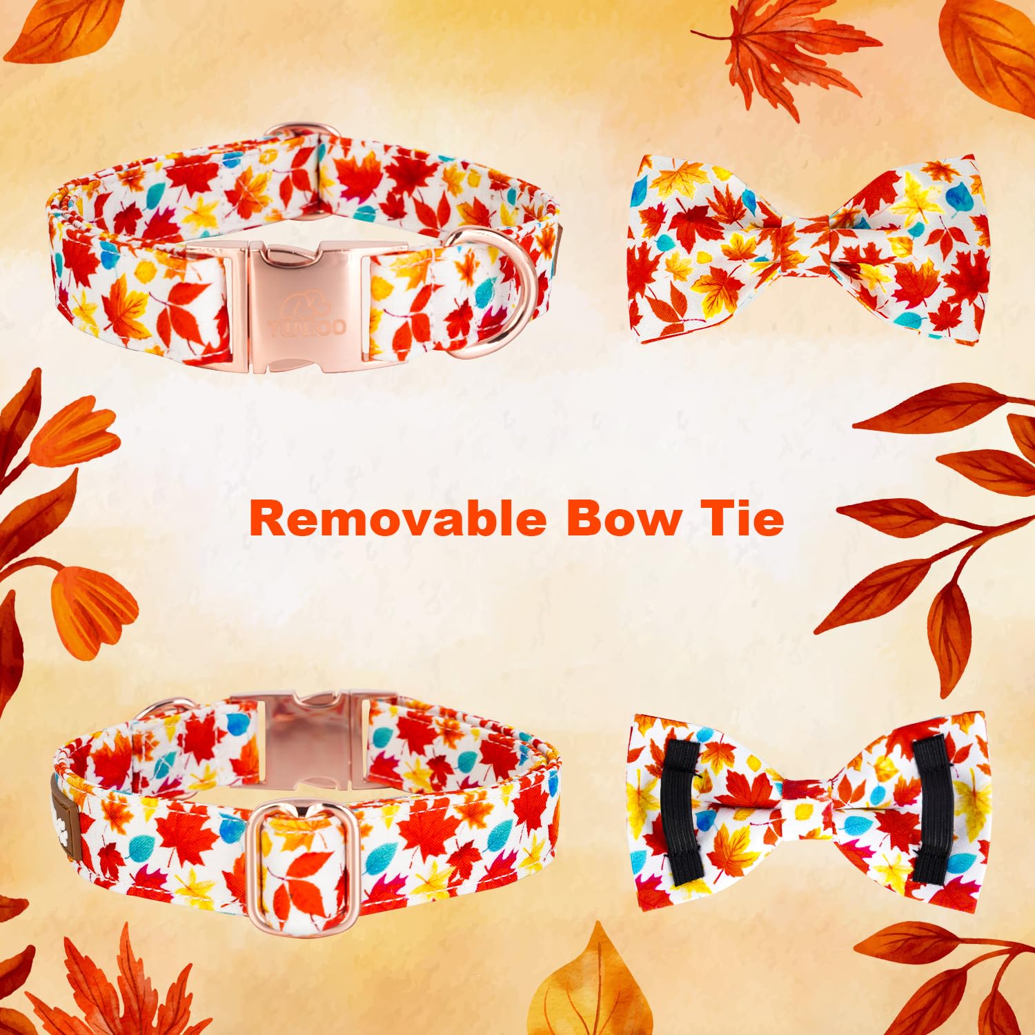 Tunkoo Fall Dog Collar With Elegant Bow Tie - Durable, Adjustable And Stylish Autumn Pet Collar, Available In Small Medium Large