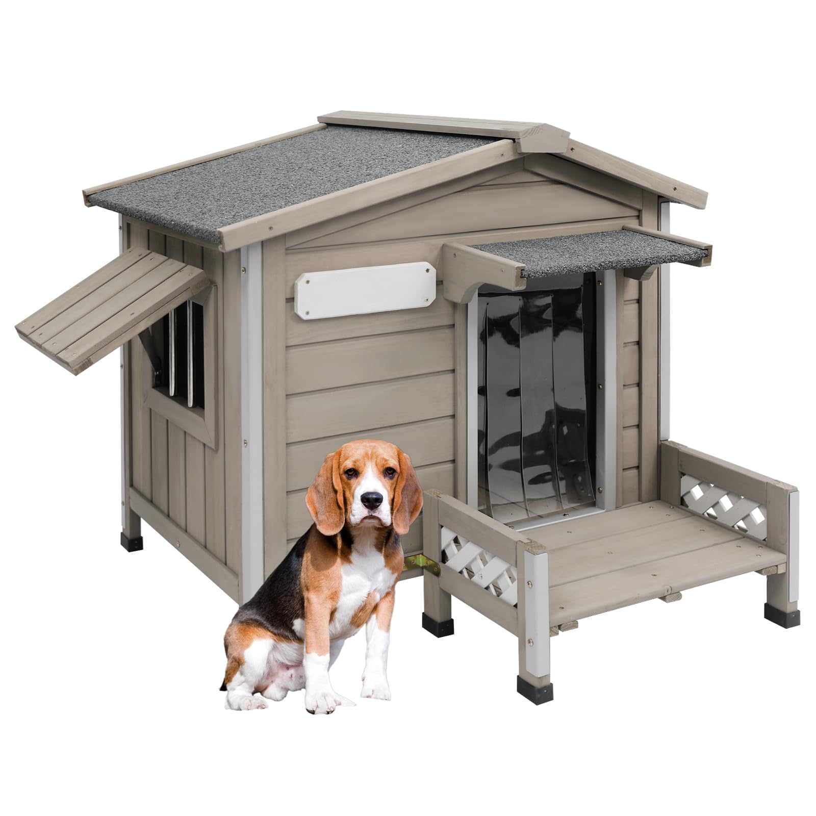 Gowoodhut Dog House Outdoor Weatherproof & Wooden Indoor Dog Kennel with Chew-Proof Iron Frame,Removable Floor, Recreational Ste