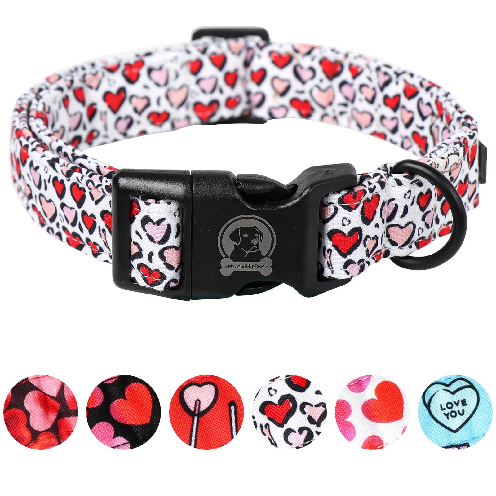 Mr. Chubbyface Valentines Dog Collar,White Red Heart Cotton Cartoon Dog Collar, Adjustable Valentine Girl Female Male Pet Collar