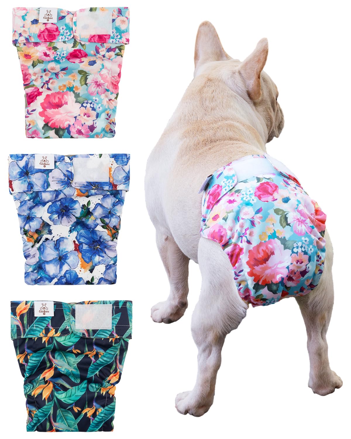 Cutebone Washable Dog Diapers Female No Tail Hole 3 Pack Reusable Doggie Period Training Pants For Docked-Tail Frenchie French B