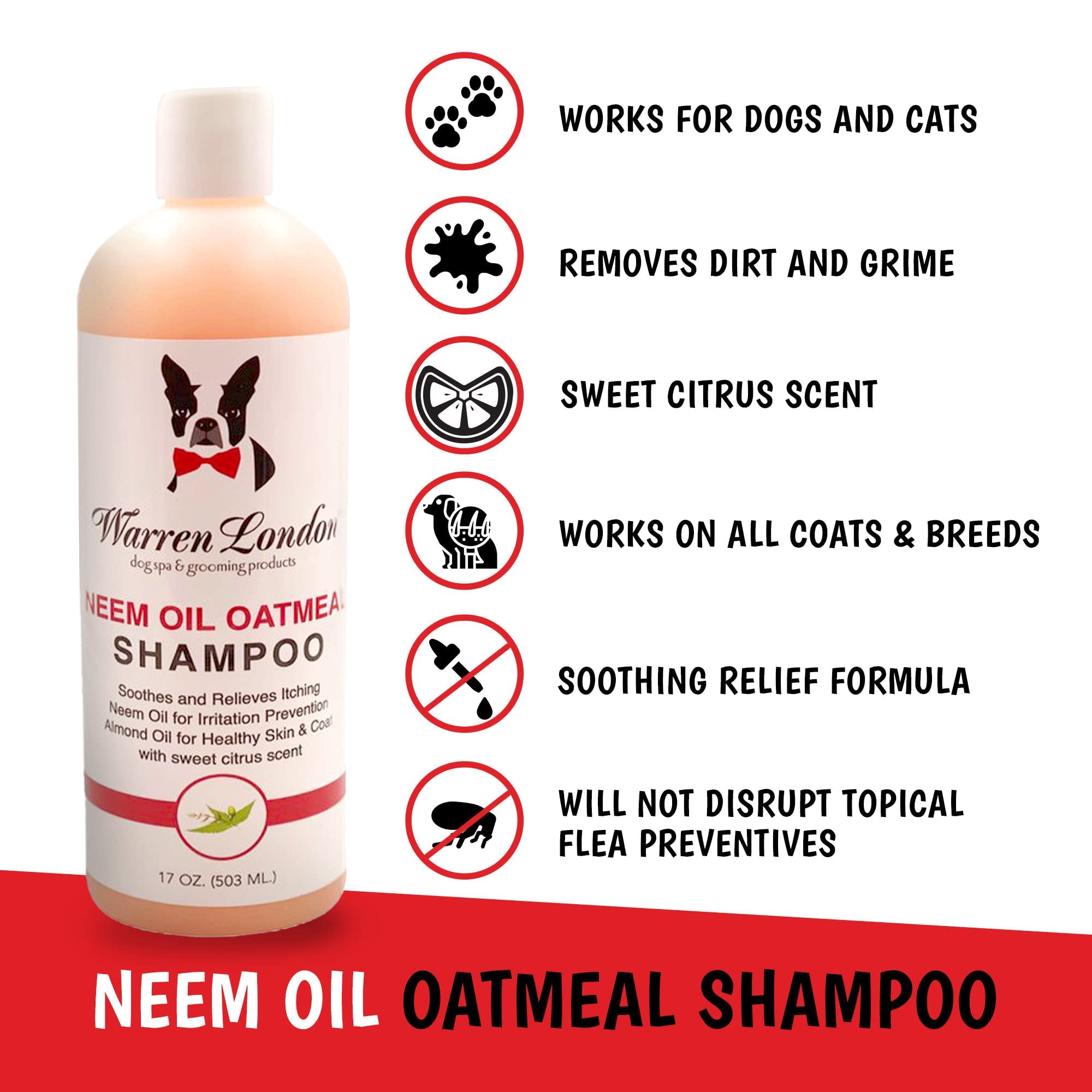 Warren London Neem Oil With Oatmeal Dog Shampoo - Deep Cleansing & Moisturizing For Sensitive Skin - Itch Relief & Odor Control - Made In Usa - 17 Oz