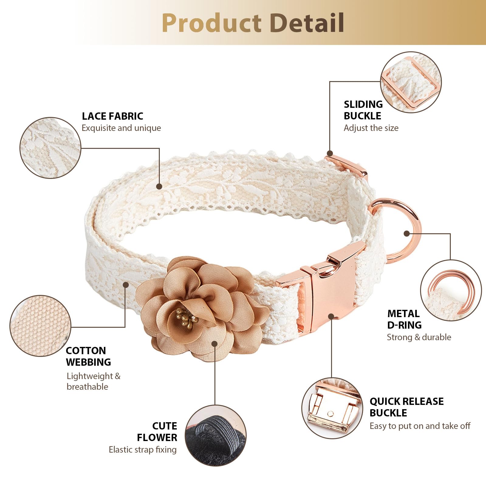 Hqrea Beige Dog Collar And Leash Set Adjustable Lace Dog Collar For Large Dogs With Flowers & Rose Gold Metal Clasp For Pet Wedd