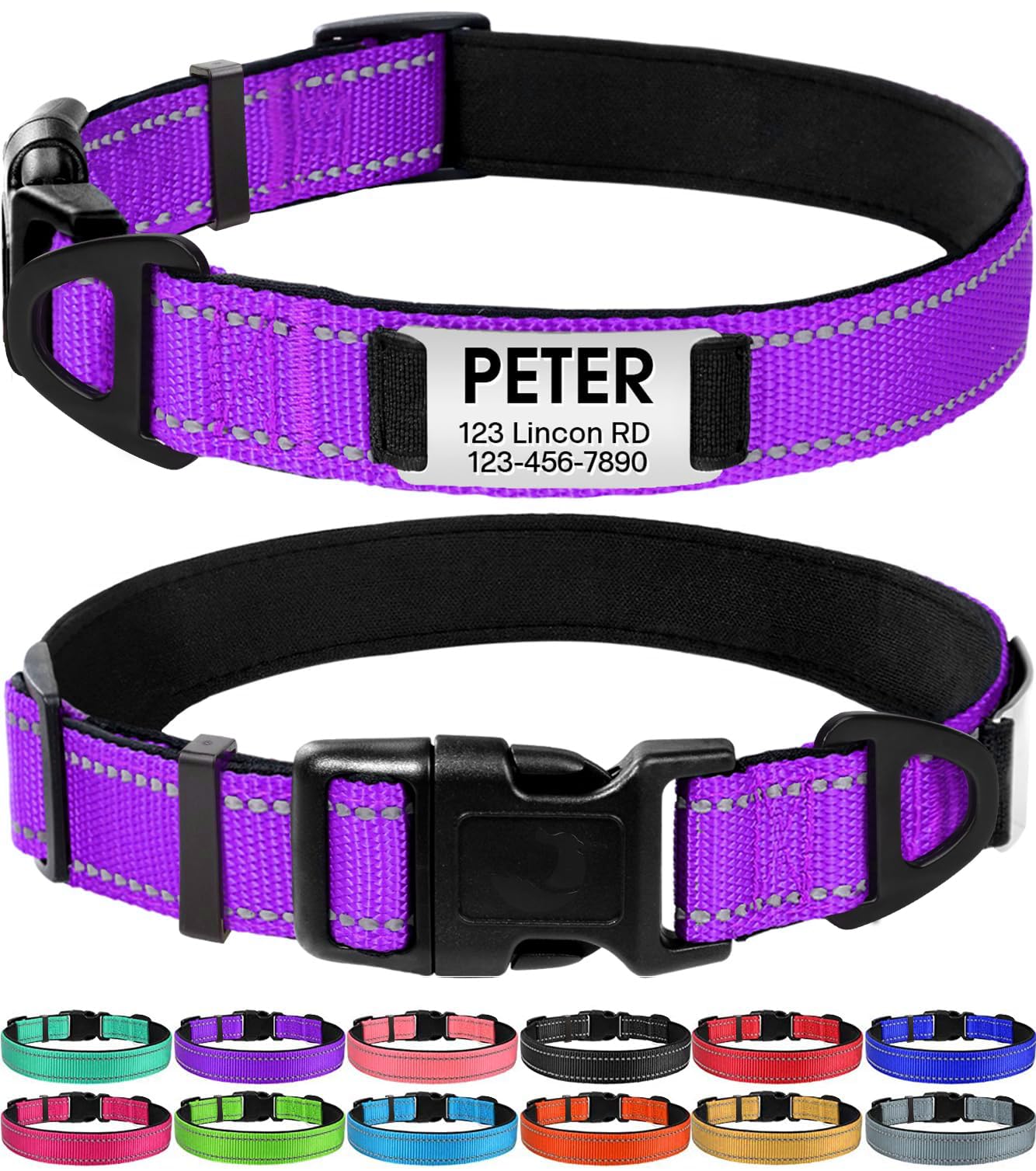 Joytale Personalized Dog Collars, Reflective Nylon Dog Collar With Engraved Name Plate, Customized For Medium Dogs, Purple, M