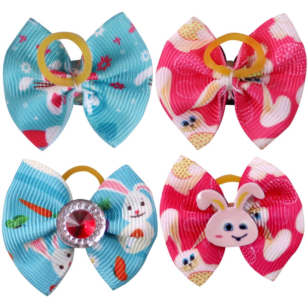 Masue Pets 20Pcs/10Pairs Dog Easter Rhinestone Bows With Rubber Bands, Rabbit Eggs Styles, 1.5 Inches, Multicolor, Cotton/Polyes