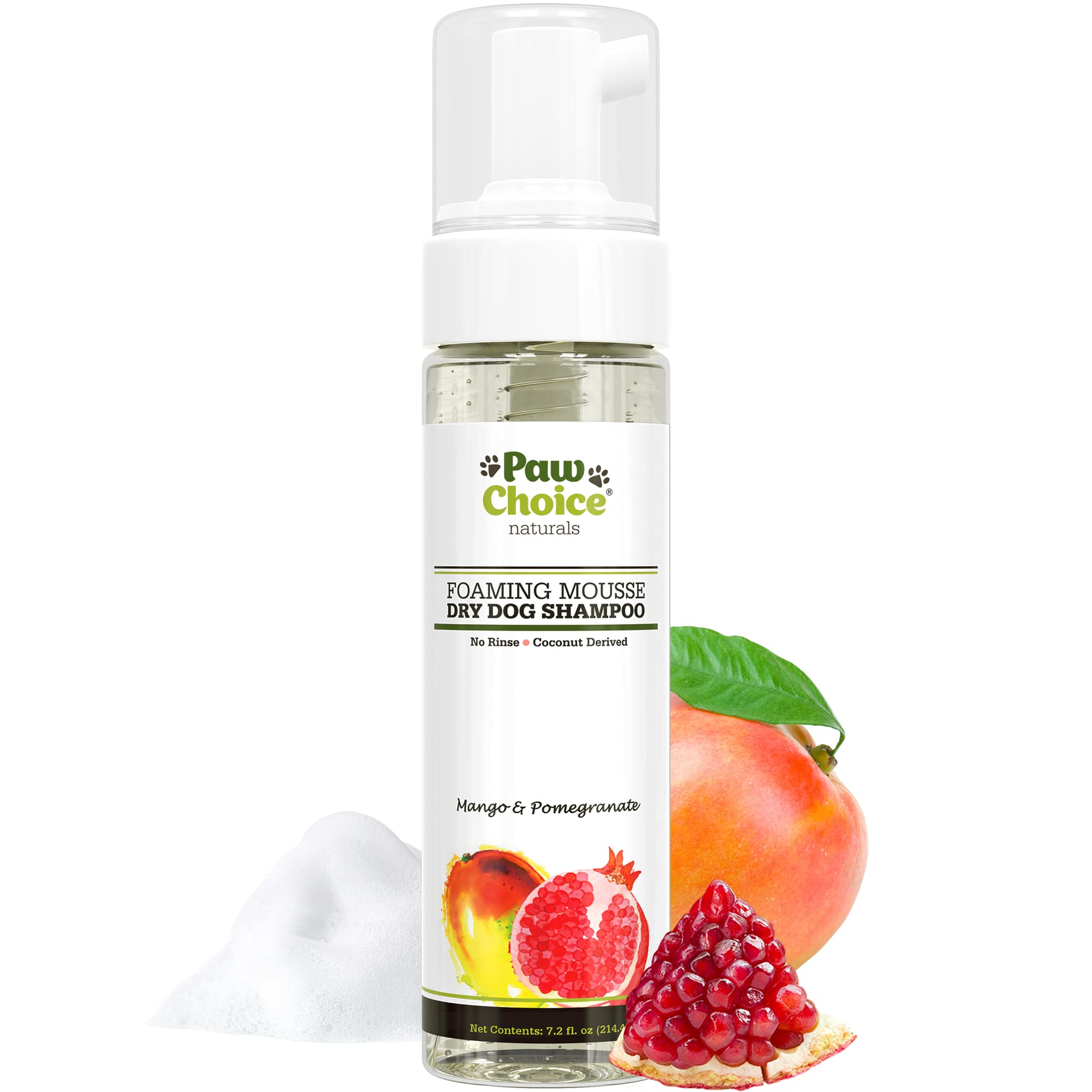 Paw Choice Dry Shampoo For Dogs - Waterless No-Rinse Foam For Odor Removal, Cleaning, Conditioning - Hypoallergenic, Natural - Safe For Sensitive Skin - Made In Usa - Mango Pomegranate Scent