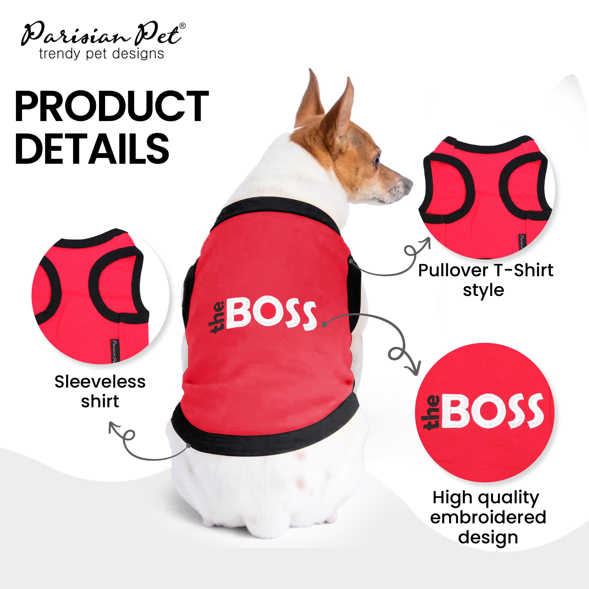 Parisian Pet Dog T-Shirt With Embroidered 'The Boss' - Lightweight Dog Clothes - Sleeveless Dog Outfit Boss - Dog Shirts For Small Dogs, Xs