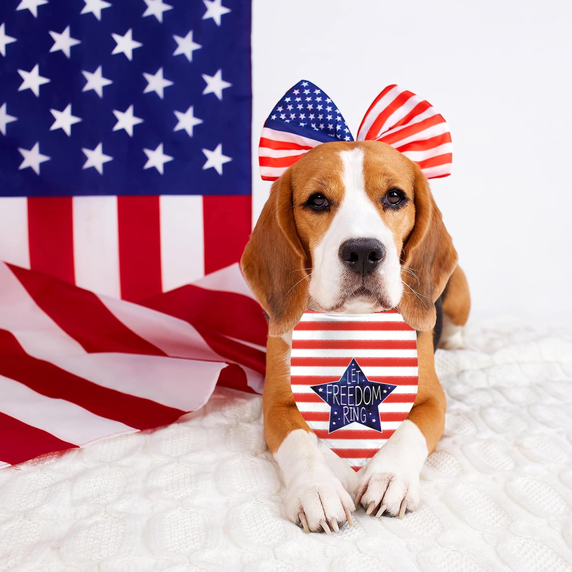 4Th Of July Dog Bandanas, Reversible Dual-Layer Patriotic Theme Design 2 Pack, Let Freedom Ring Independence Day Square Dog Kerc