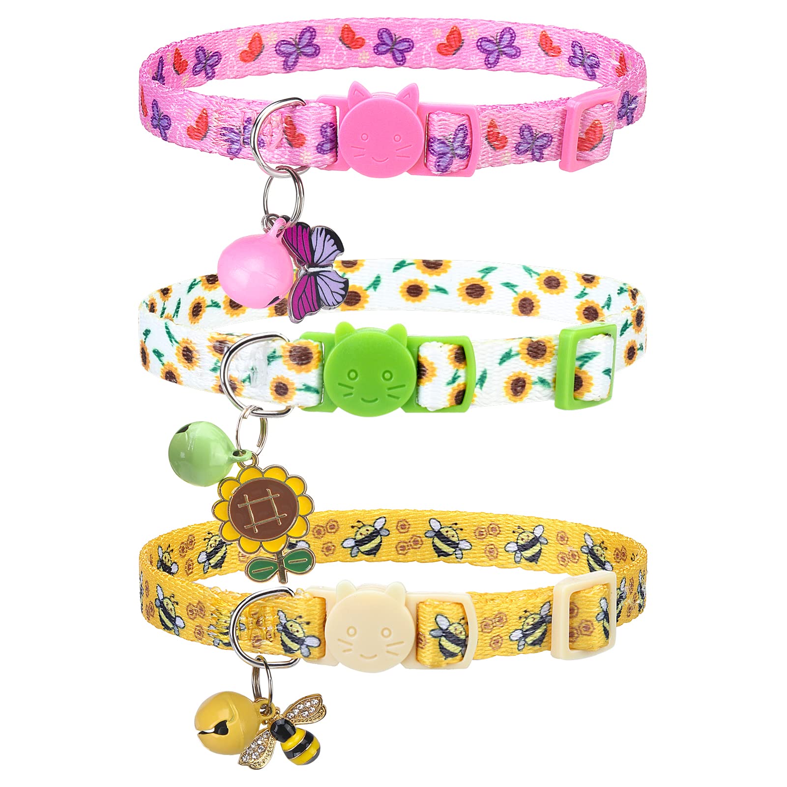 Vkpetfr Breakaway Cat Collars With Bell & Cute Pendants - 3 Pack Adjustable Safety Kitten Collars - Summer Decoration For Girl B