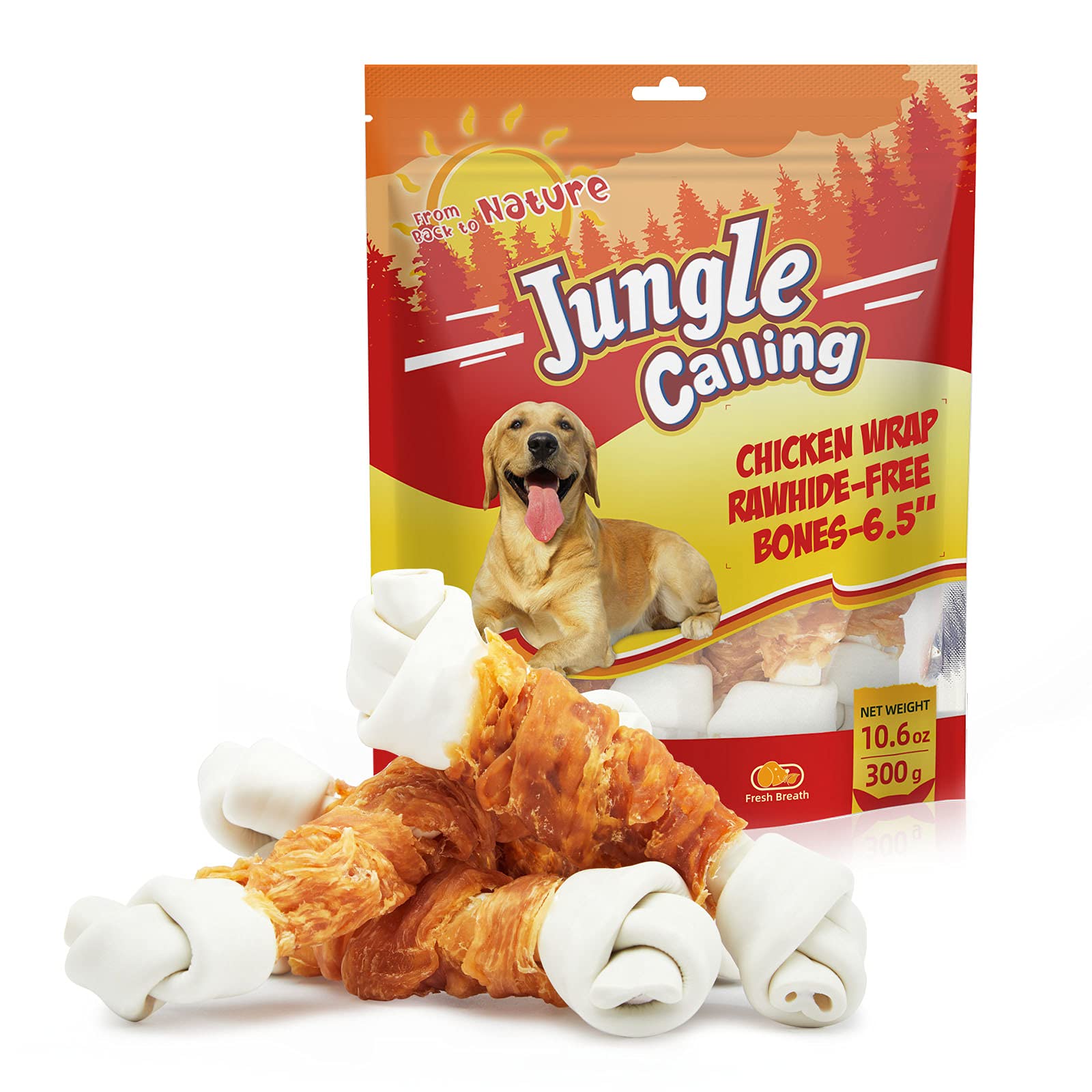 Jungle Calling Rawhide Free Dog Bones, 6.5 Real Chicken Wrapped Dog Chew Bones for Medium and Large Dogs Training Treats