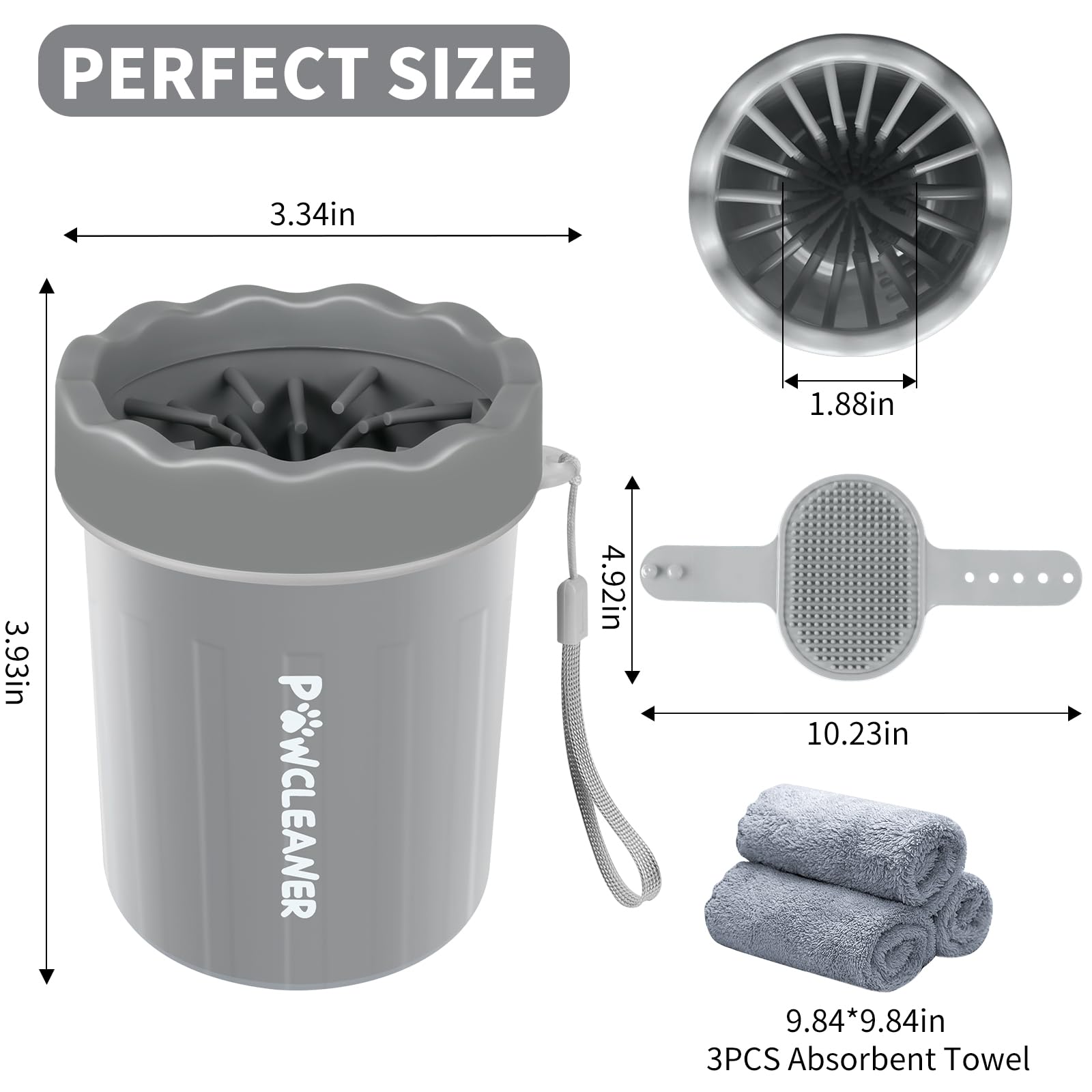 Comotech Portable Pet Paw Washer And Foot Cleaner With Silicone Brush, 3 Absorbent Towels For Small Dogs (Grey)