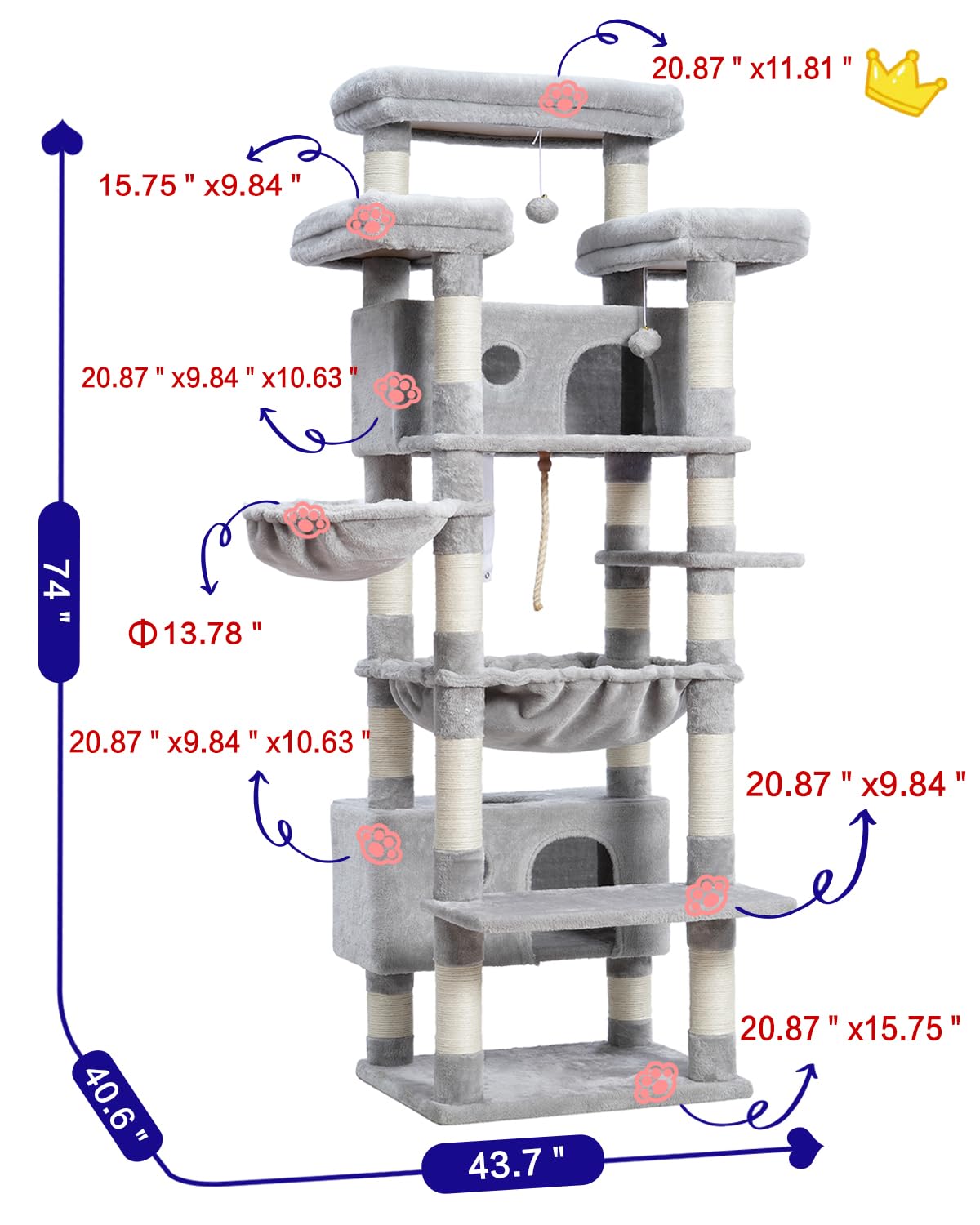 Gitelsnour Cat Tree for Indoor Cats Large Adult, 74 Cat Tower with 3 Big Platforms, 2 Baskets, 2 Condos, Multi-Level Cat Scratch