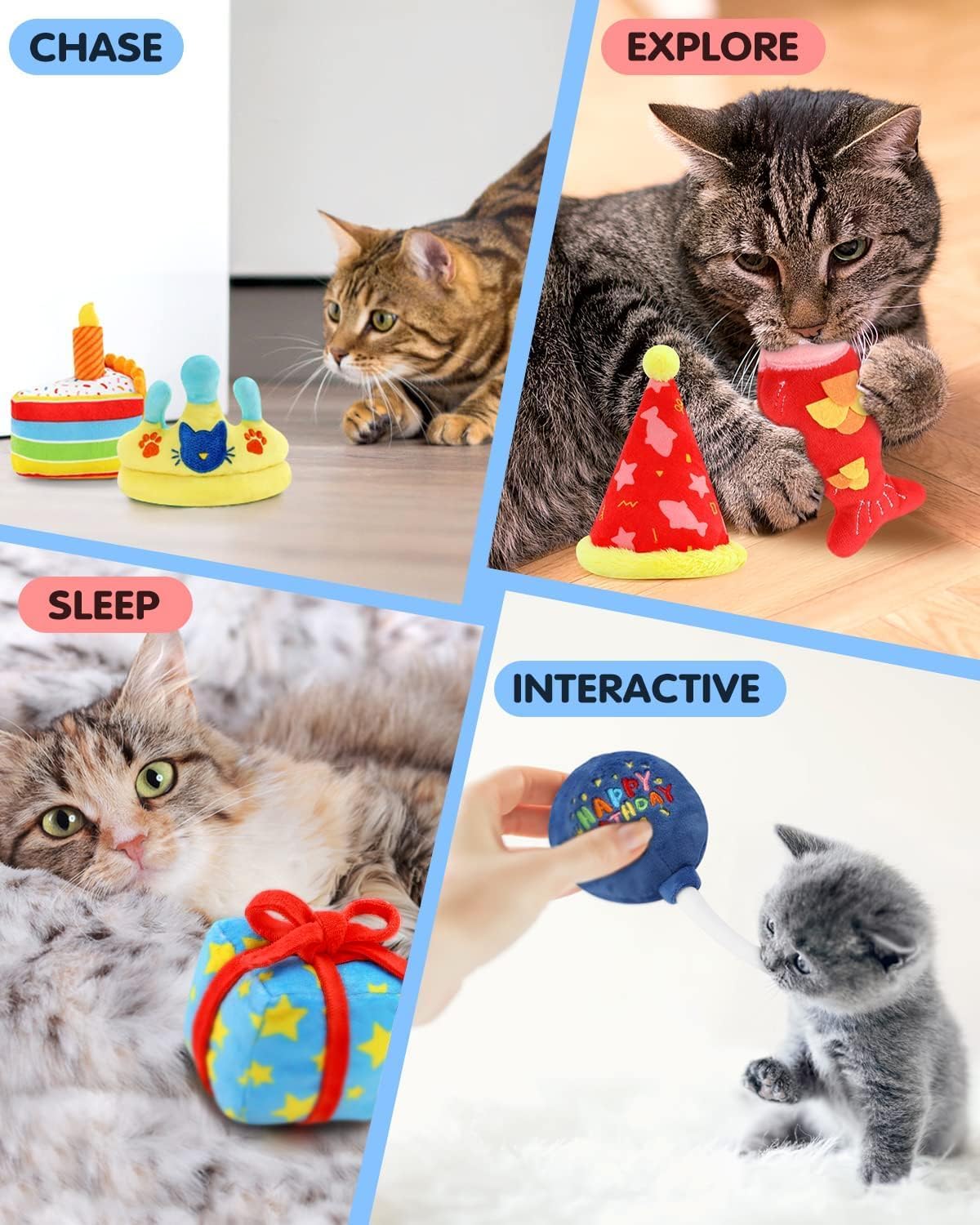 CiyvoLyeen 6Pcs Birthday Themed Catnip Toys Cat Birthday Gift Kitten Interactive Toys for Cat Lover Cake Crown Fish Soft Plush C