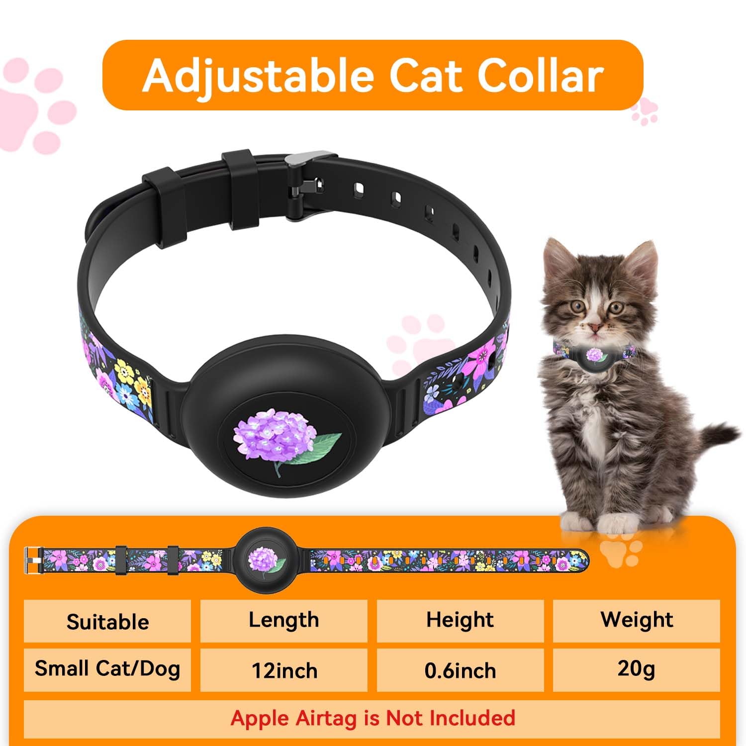 Fgerwz Cute Airtag Cat Collar With Metal Buckle, Cat Collar Airtag One-Piece Printing Design - Adjustable Length (6-11'), Silic