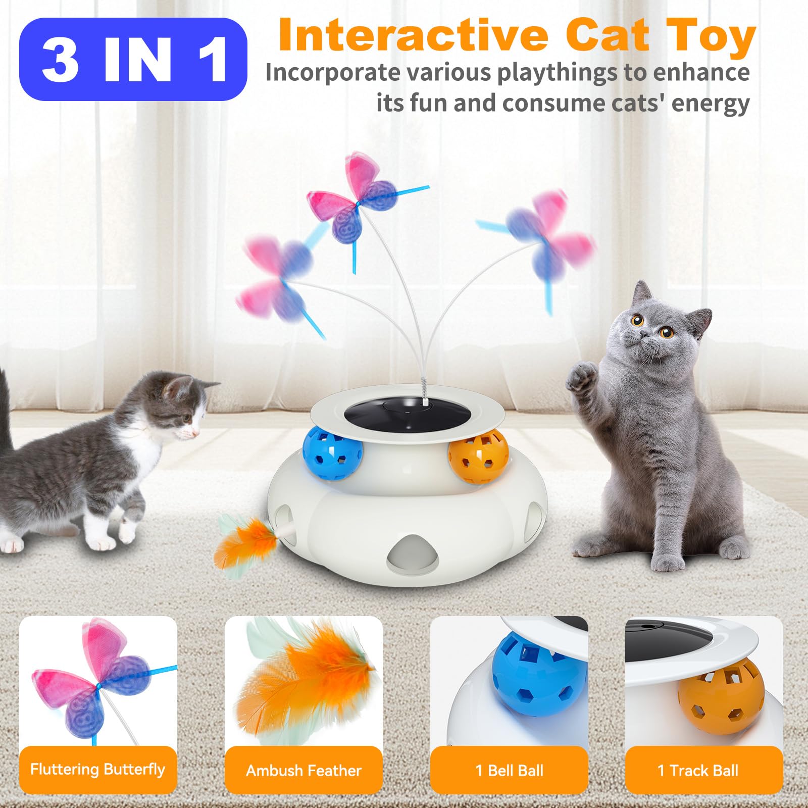 Interactive Cat Toys For Indoor Cats, 3In1 Rechargeable Pet Teaser Toy With Ambush Feather Wand, Fluttering Butterfly And Track