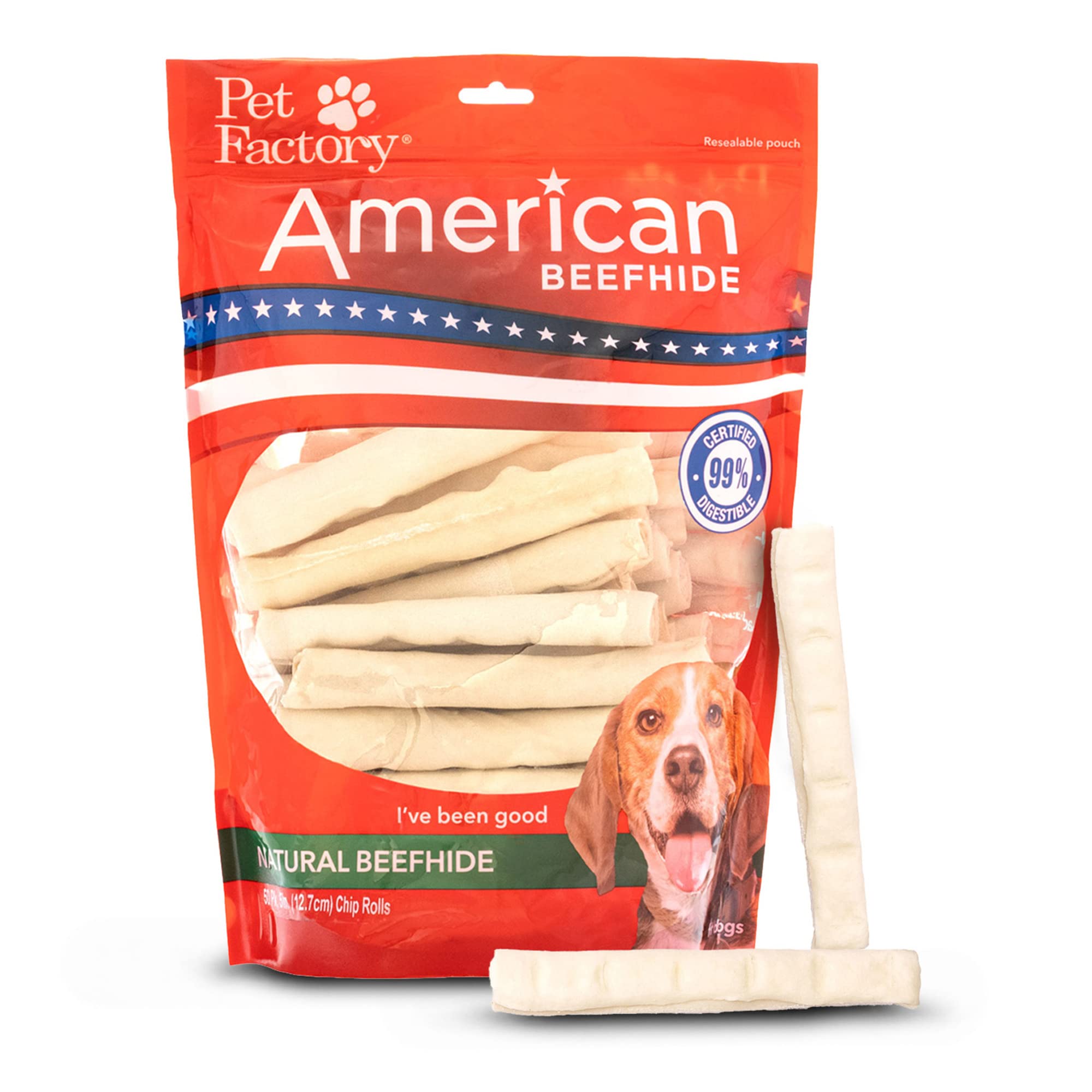 Pet Factory American Beefhide 5 Chip Rolls Dog Chew Treats - Natural Flavor, 50 Count/1 Pack